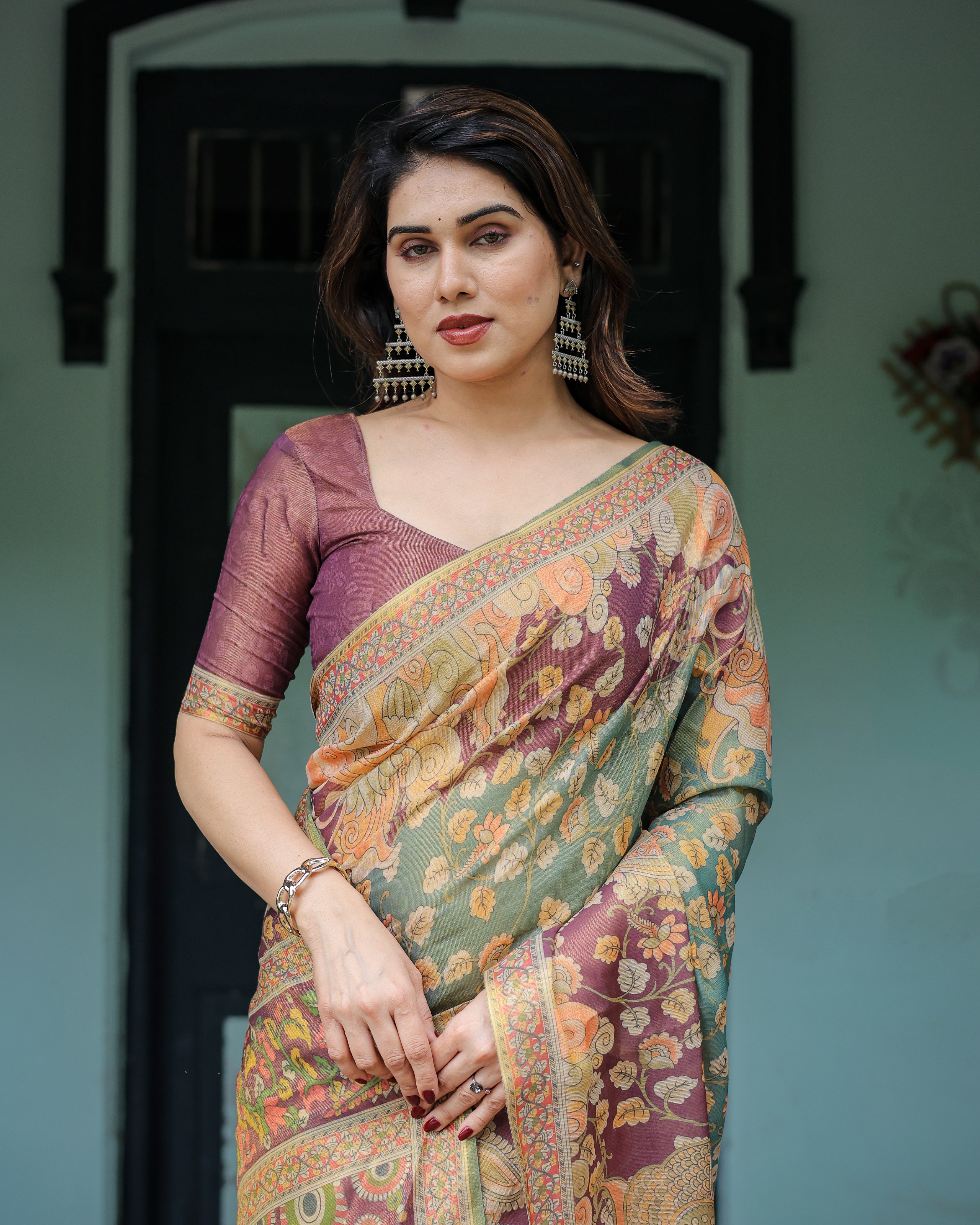 Sage Green & Maroon Handloom Cotton Saree with Mythical Tribal Art and Floral Motifs
