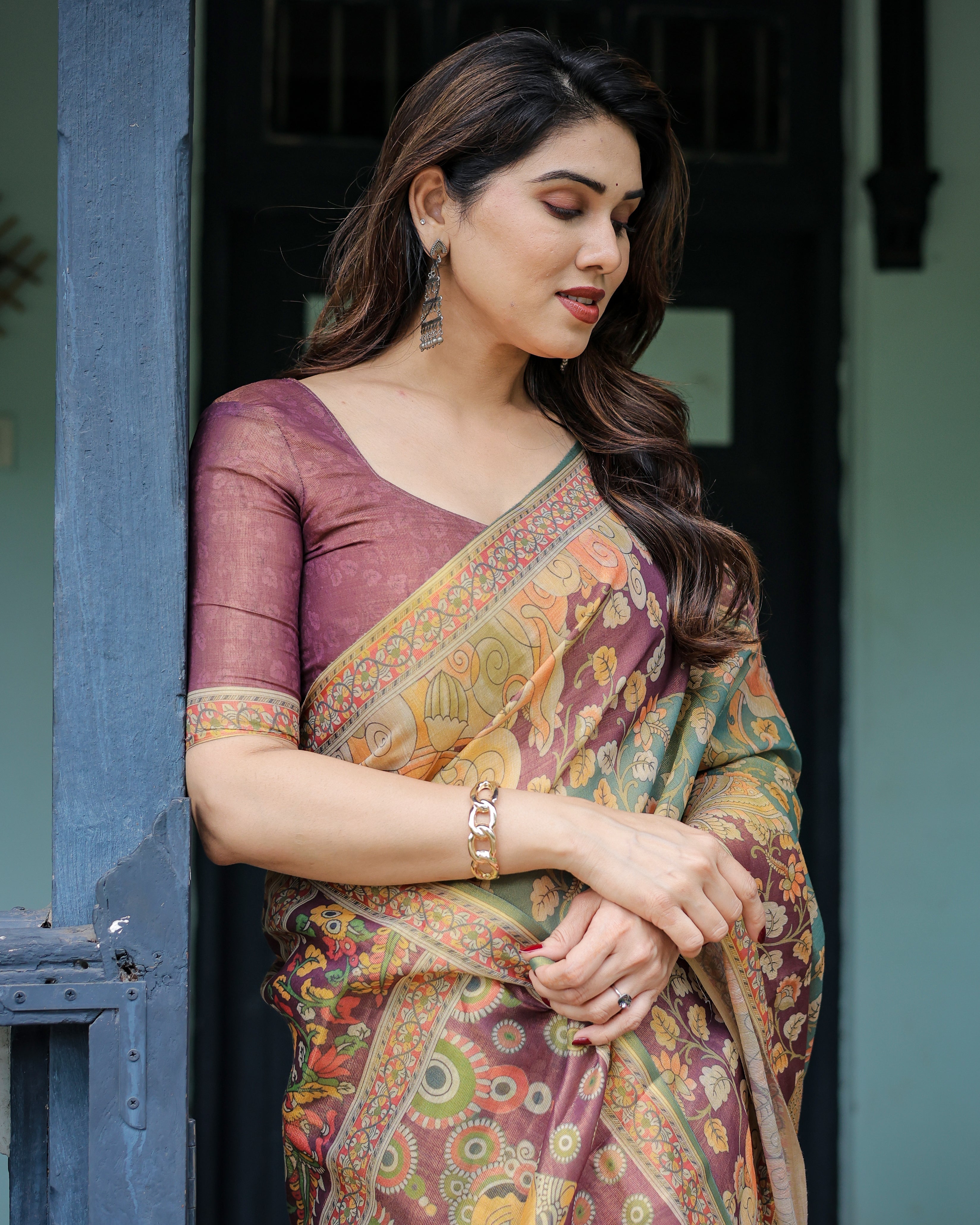 Sage Green & Maroon Handloom Cotton Saree with Mythical Tribal Art and Floral Motifs