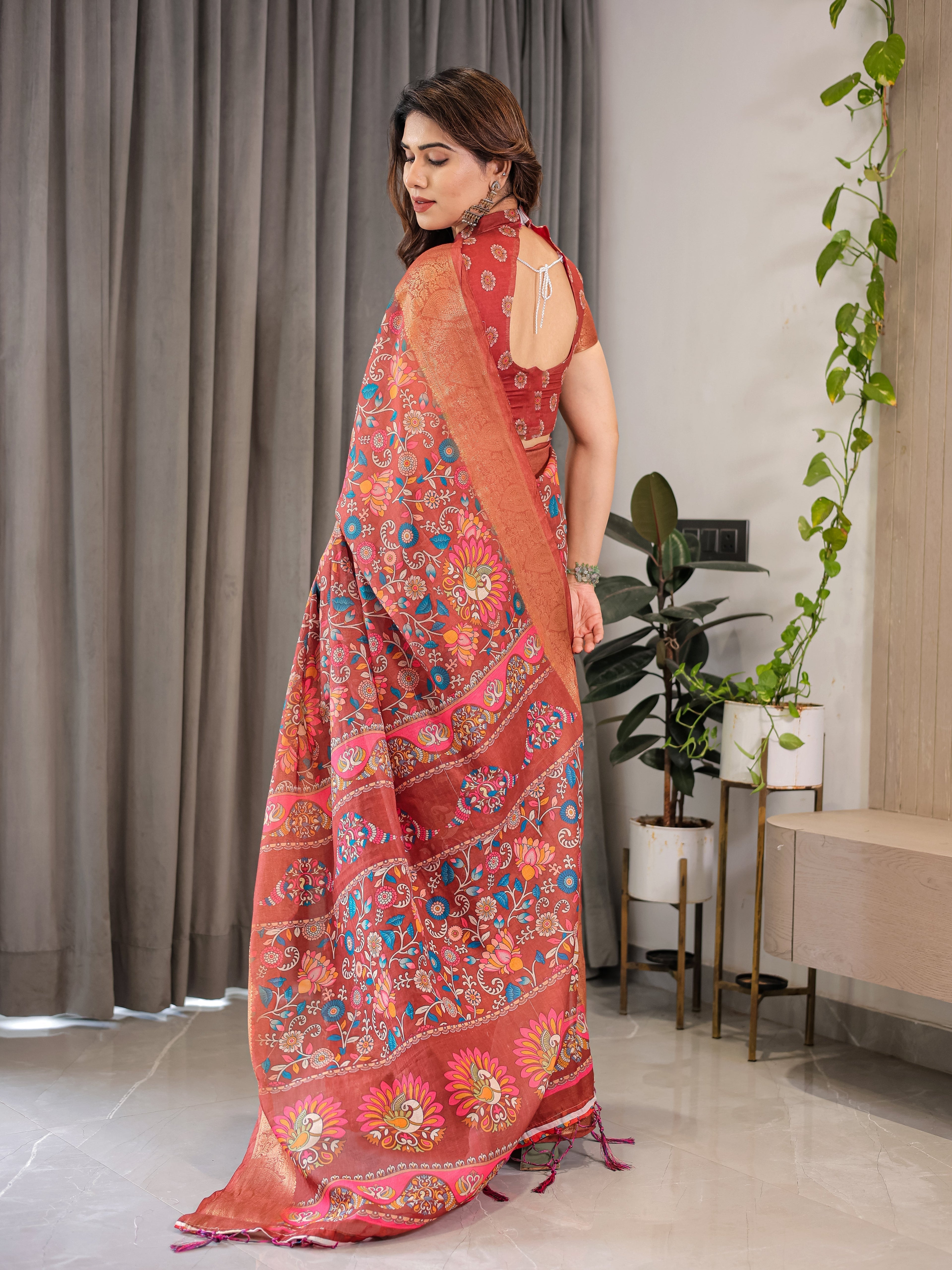 Rust Orange Cotton Linen Saree with Multicolor Floral Print & Zari Border | With Blouse