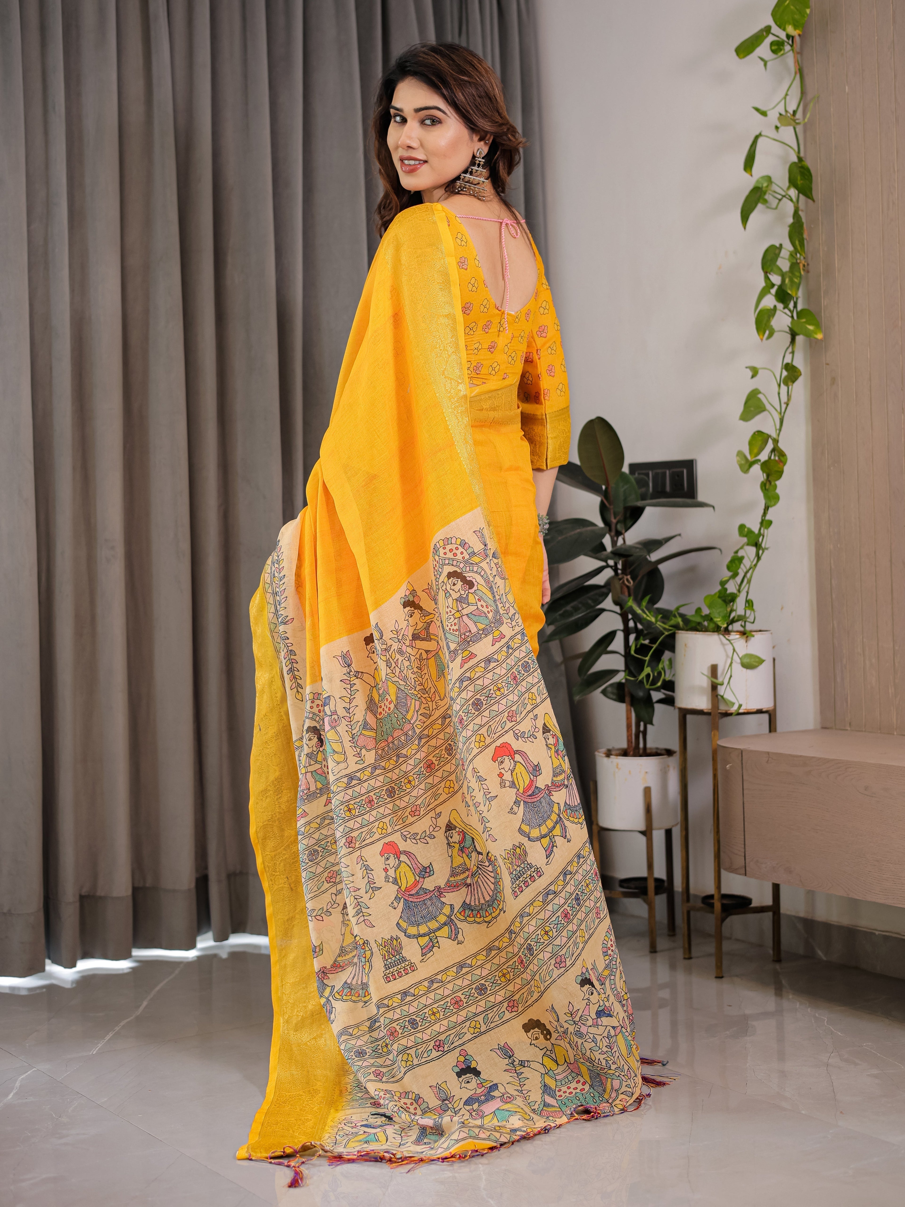 Sunshine Yellow Cotton Linen Saree with Madhubani Pallu & Zari Border | With Blouse Piece