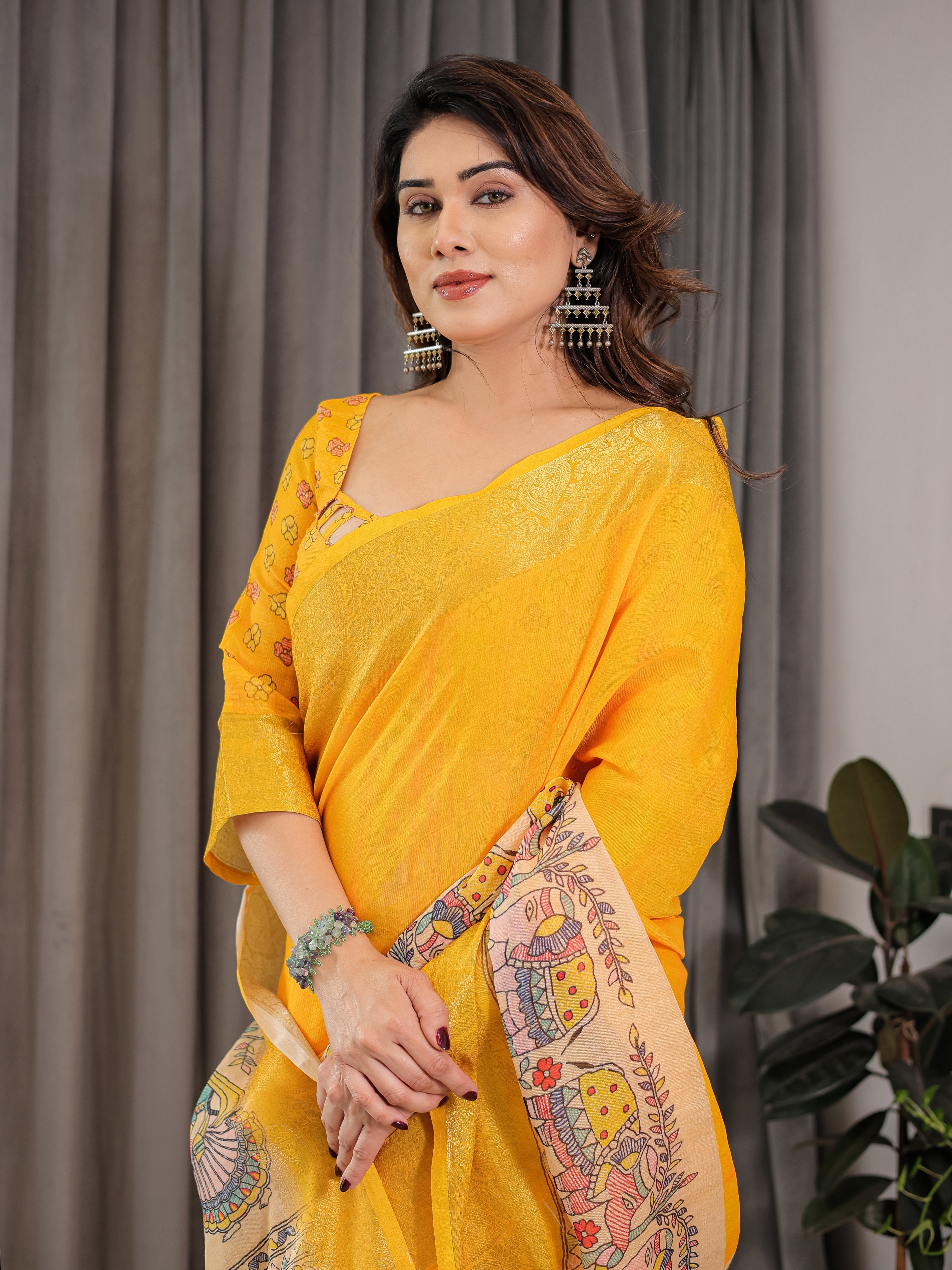 Sunshine Yellow Cotton Linen Saree with Madhubani Pallu & Zari Border | With Blouse Piece