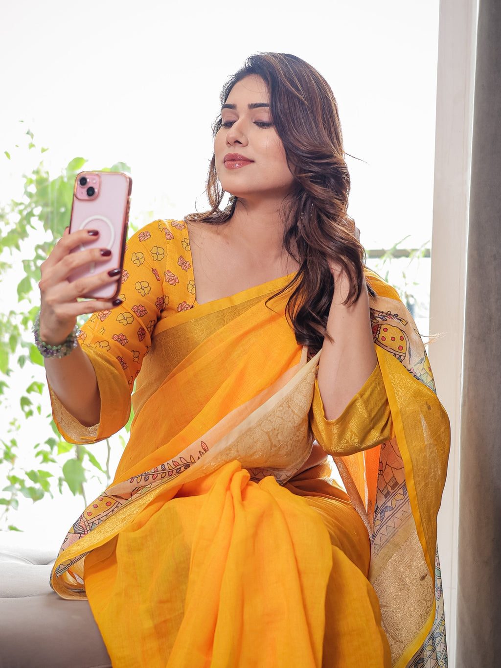 Sunshine Yellow Cotton Linen Saree with Madhubani Pallu & Zari Border | With Blouse Piece