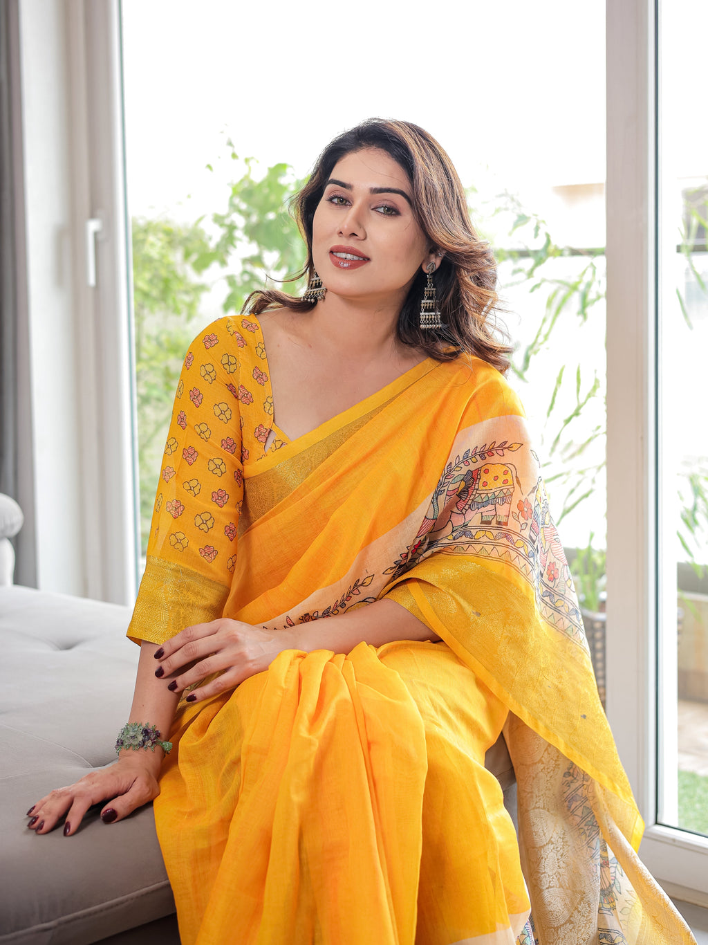 Sunshine Yellow Cotton Linen Saree with Madhubani Pallu & Zari Border | With Blouse Piece