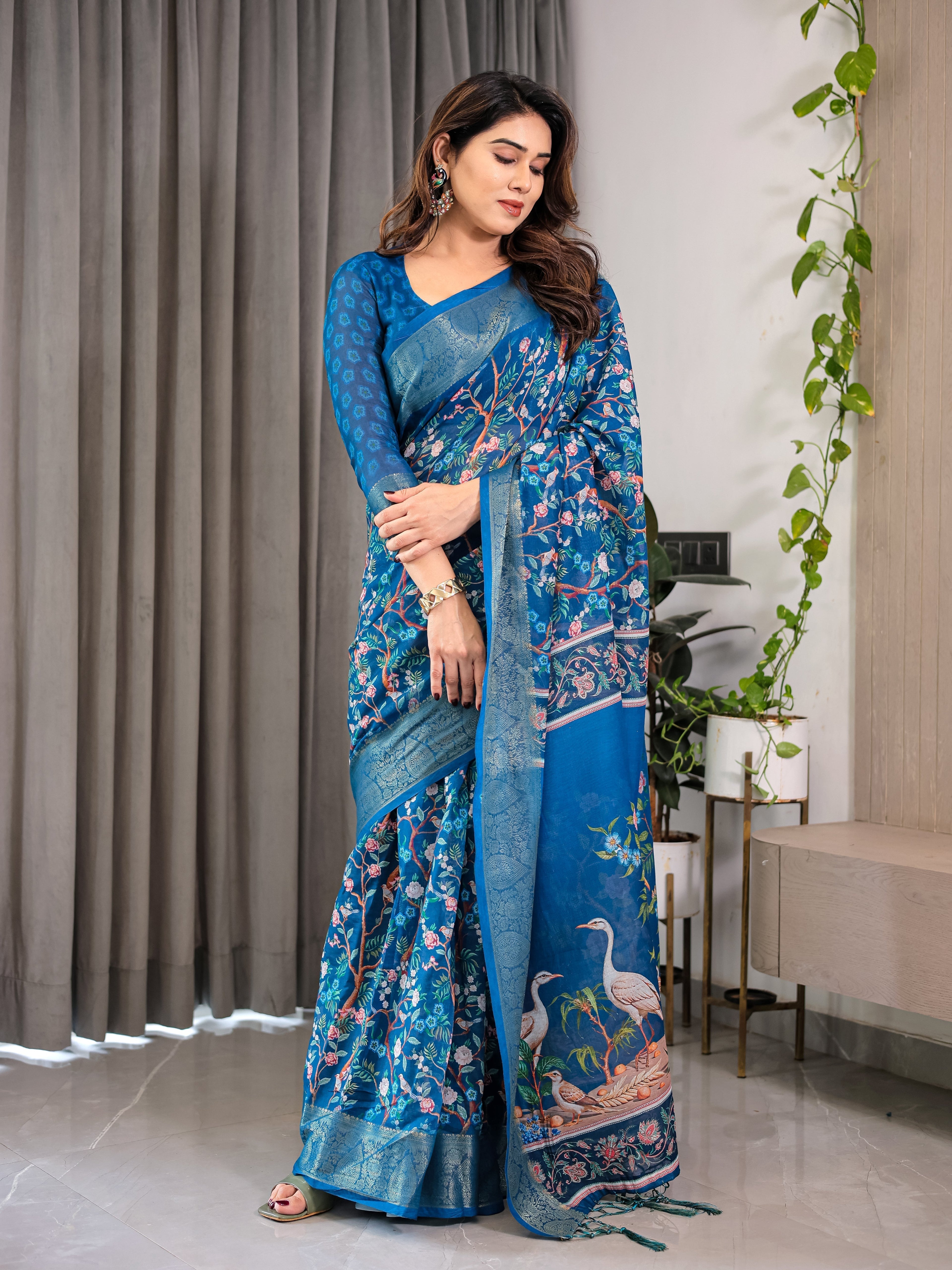 Royal Blue Cotton Linen Saree with Nature-Inspired Print, Zari Border & Tassels | With Blouse