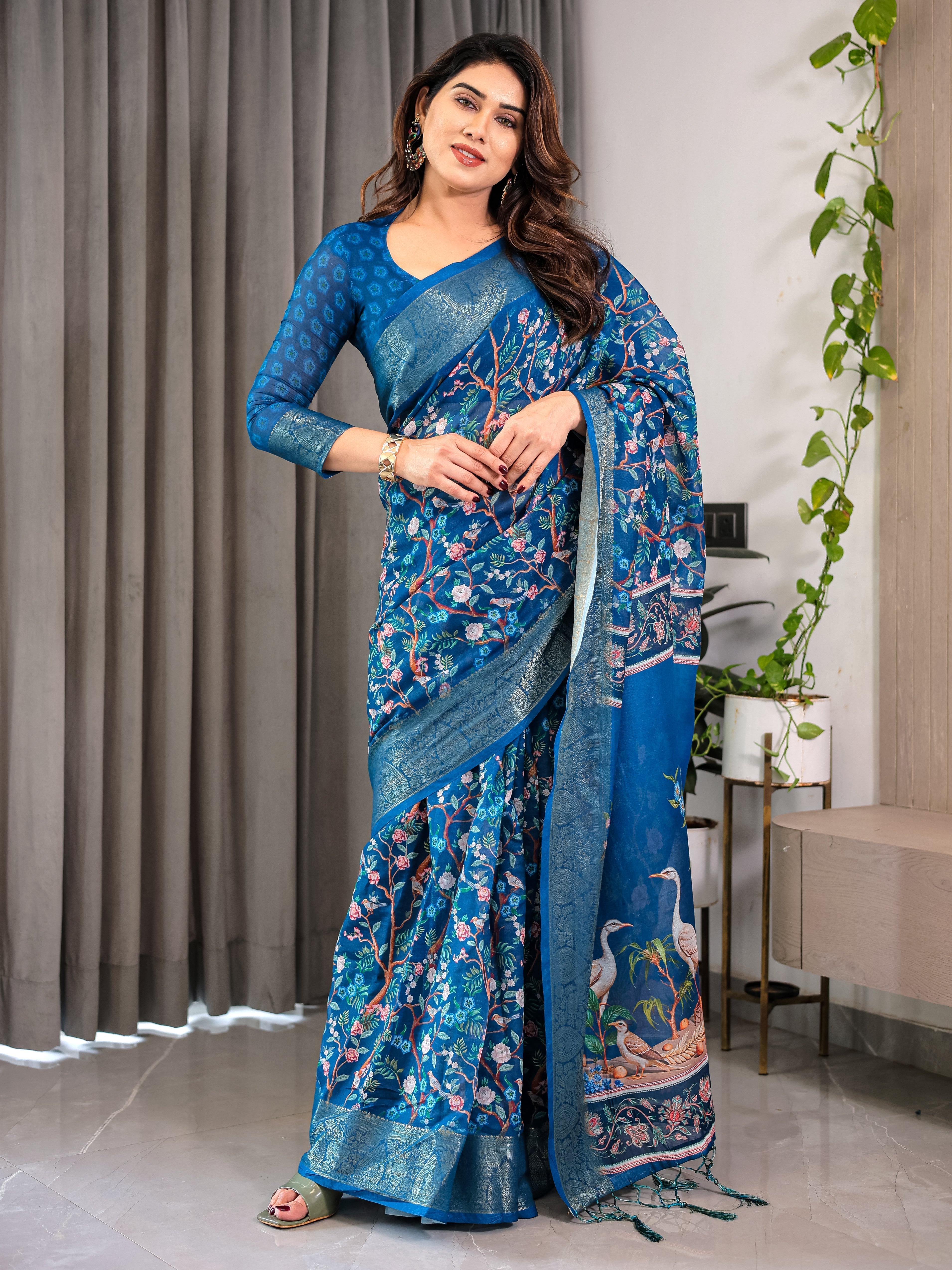 Royal Blue Cotton Linen Saree with Nature-Inspired Print, Zari Border & Tassels | With Blouse
