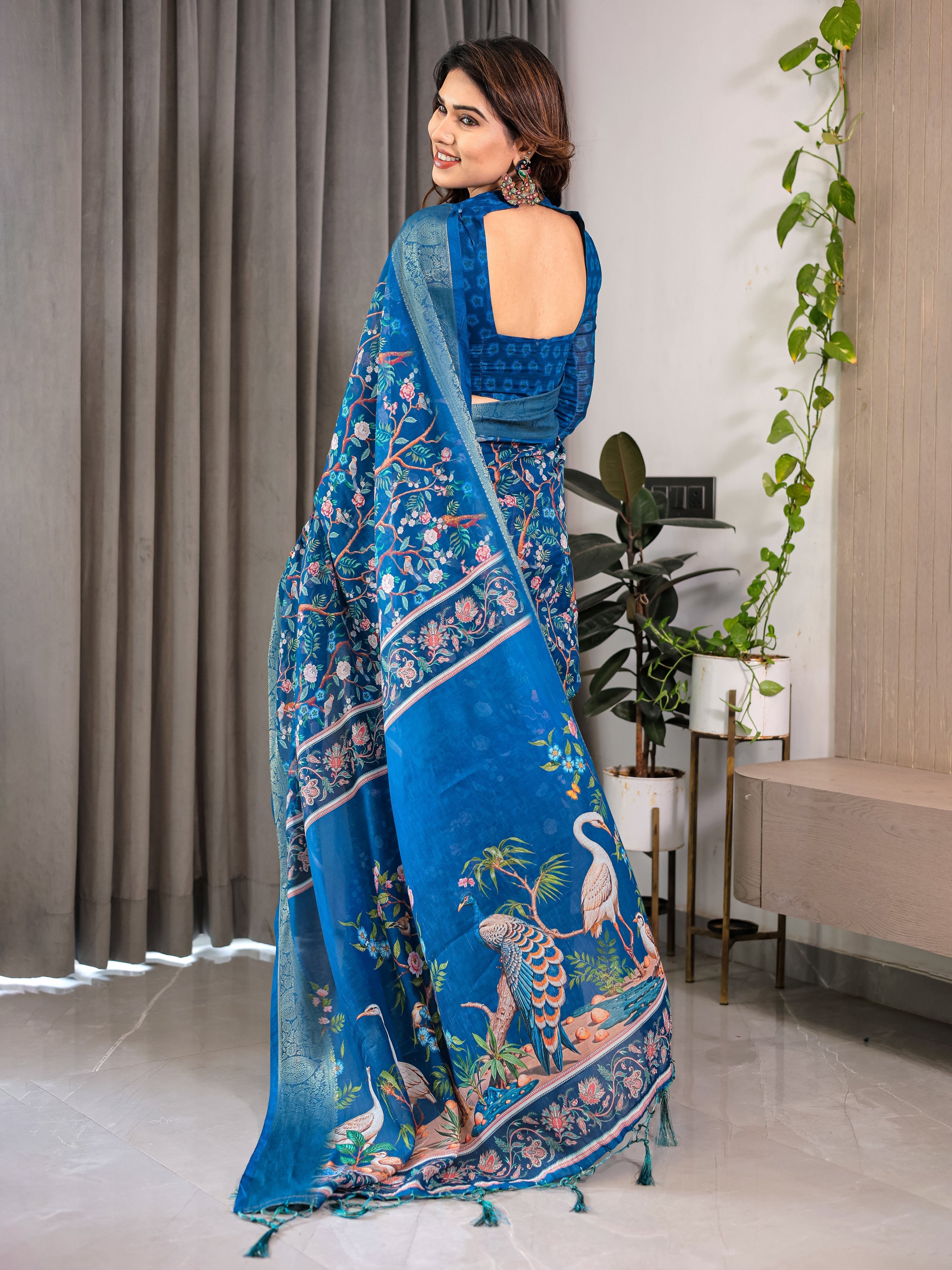 Royal Blue Cotton Linen Saree with Nature-Inspired Print, Zari Border & Tassels | With Blouse