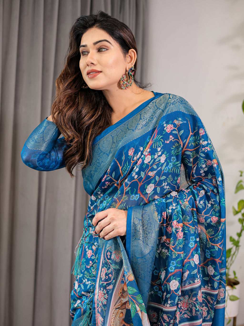 Royal Blue Cotton Linen Saree with Nature-Inspired Print, Zari Border & Tassels | With Blouse