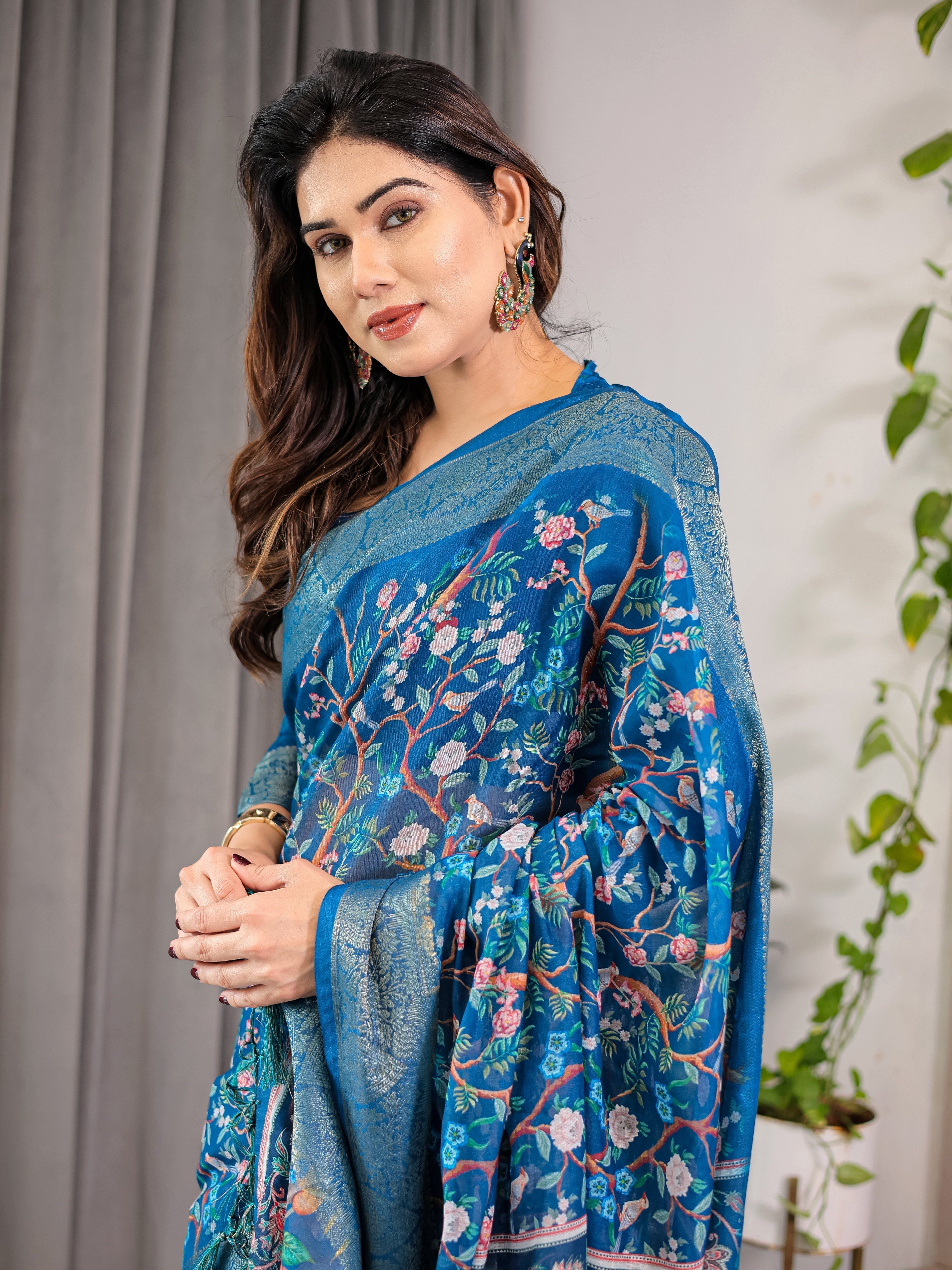 Royal Blue Cotton Linen Saree with Nature-Inspired Print, Zari Border & Tassels | With Blouse