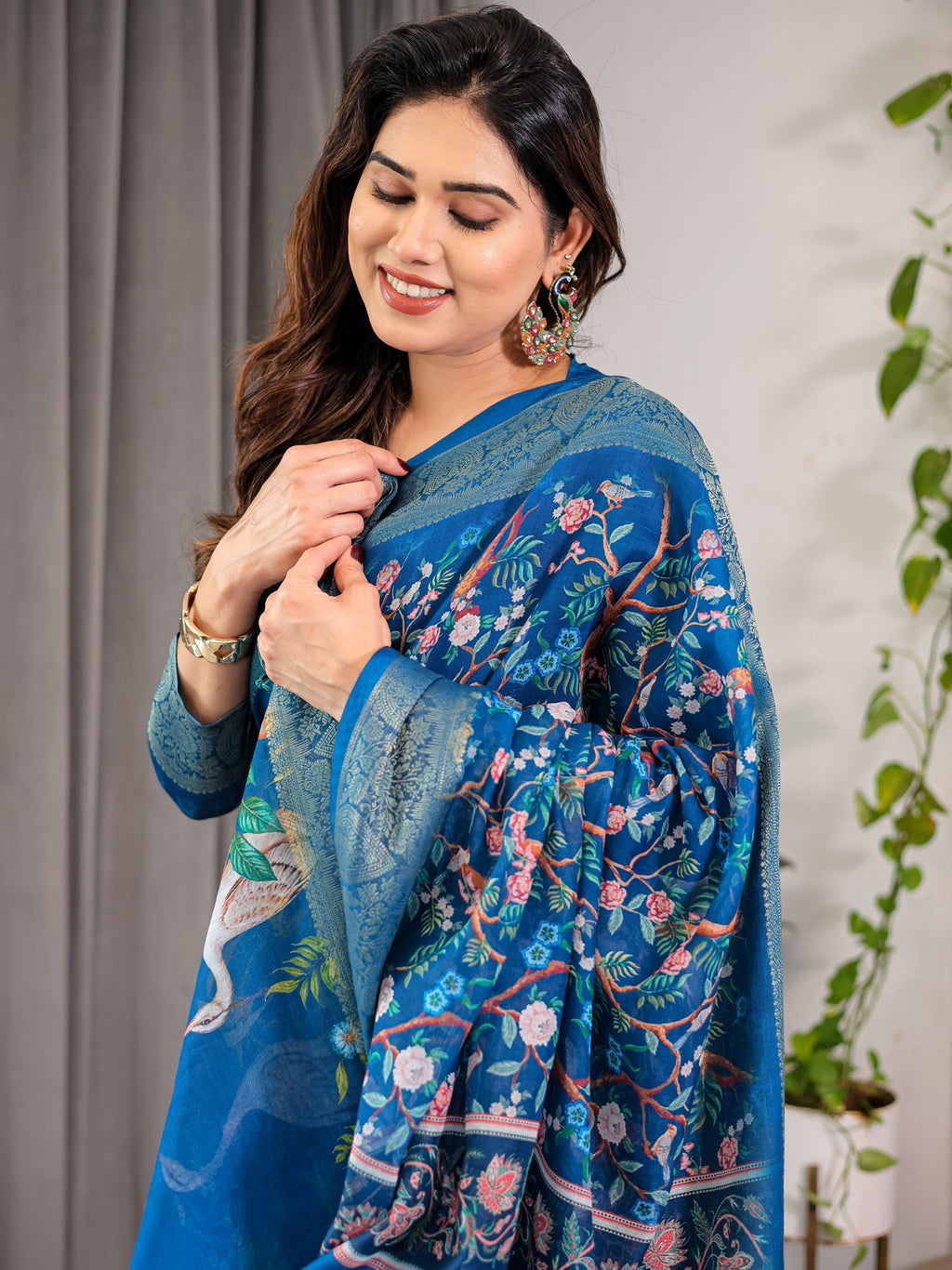 Royal Blue Cotton Linen Saree with Nature-Inspired Print, Zari Border & Tassels | With Blouse