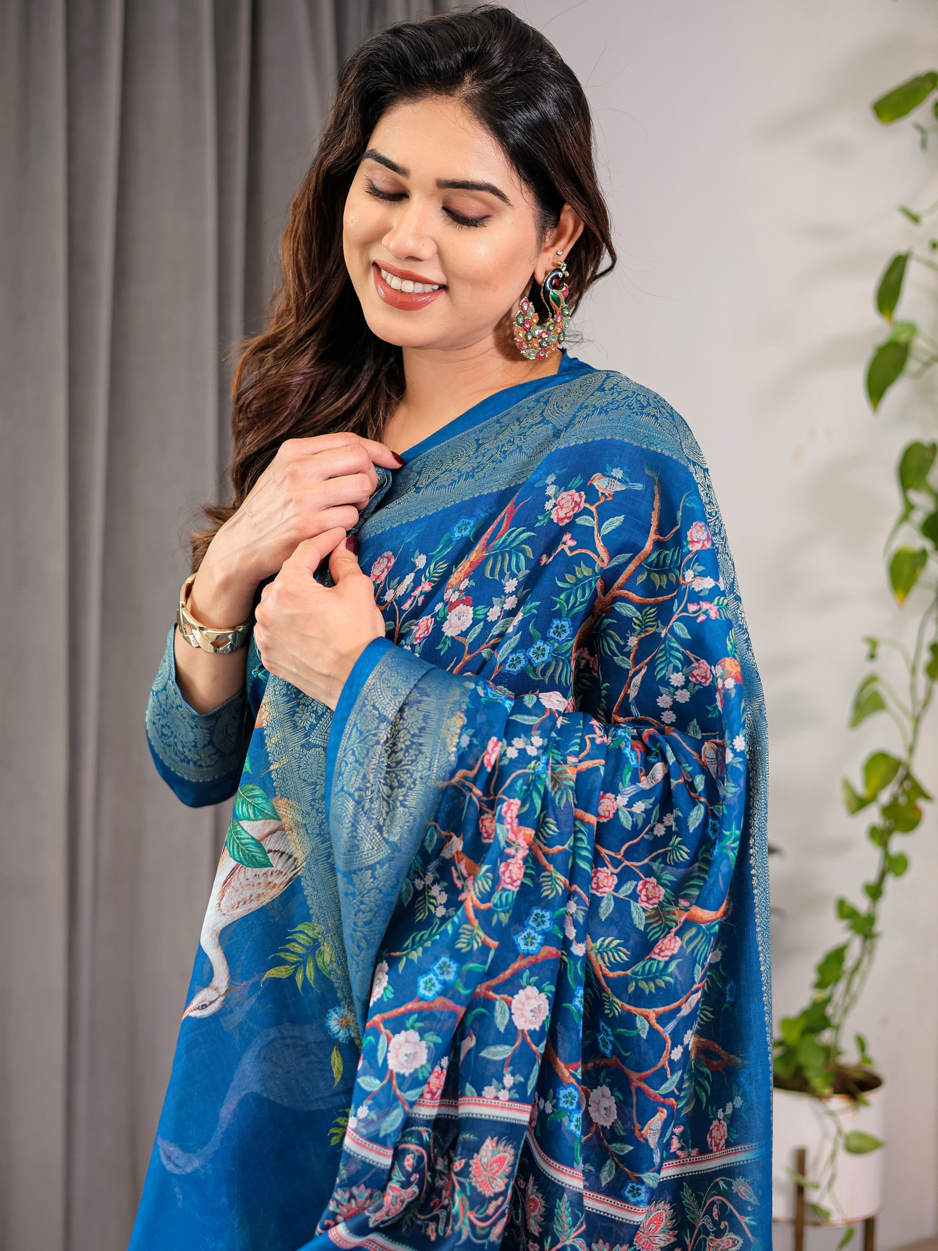 Royal Blue Cotton Linen Saree with Nature-Inspired Print, Zari Border & Tassels | With Blouse