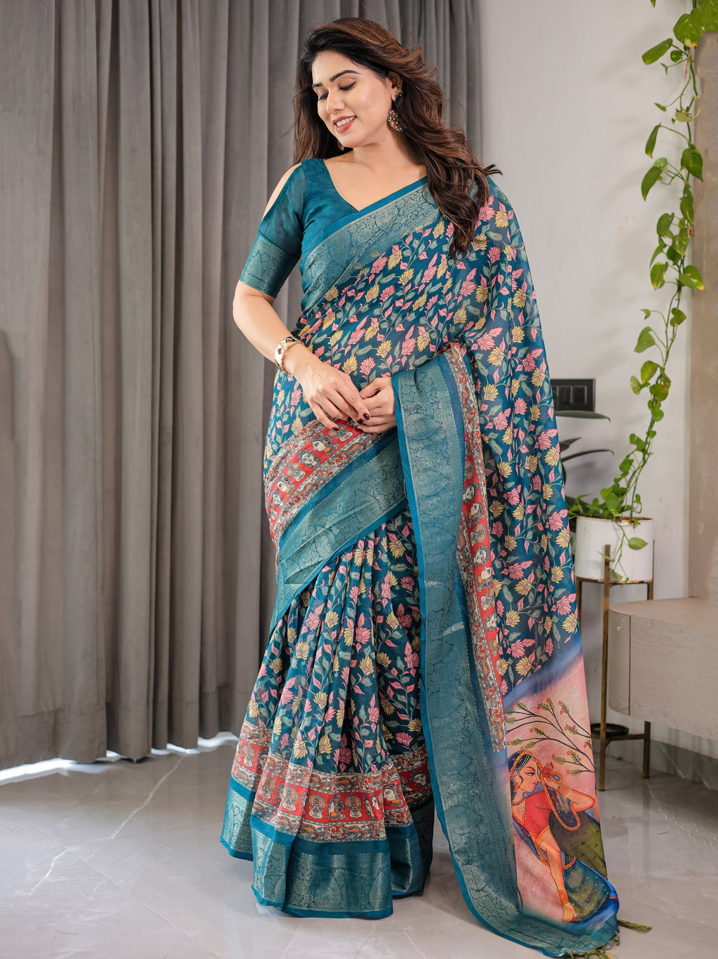 Teal Blue Cotton Linen Saree with Floral Print & Radha Krishna Digital Pallu | Zari Border | With Blouse