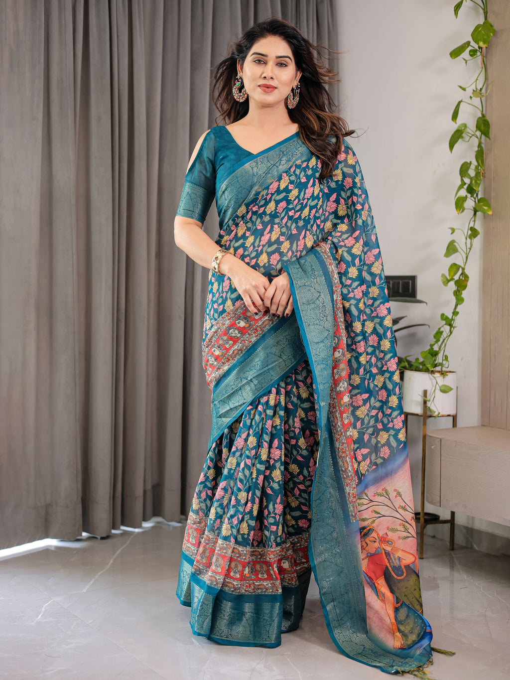 Teal Blue Cotton Linen Saree with Floral Print & Radha Krishna Digital Pallu | Zari Border | With Blouse