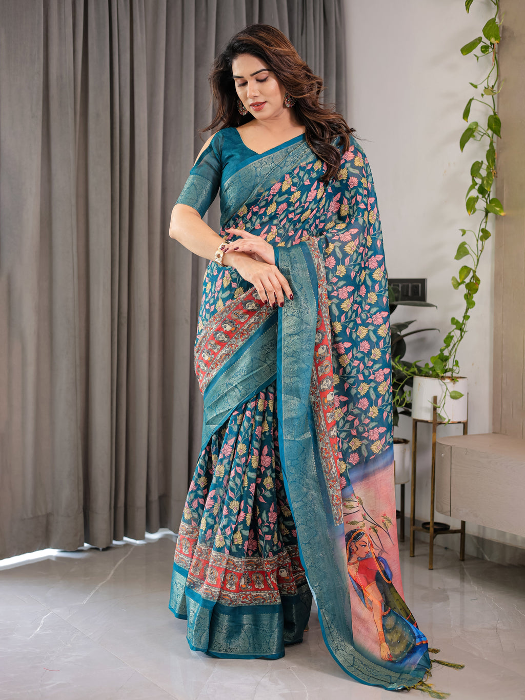 Teal Blue Cotton Linen Saree with Floral Print & Radha Krishna Digital Pallu | Zari Border | With Blouse