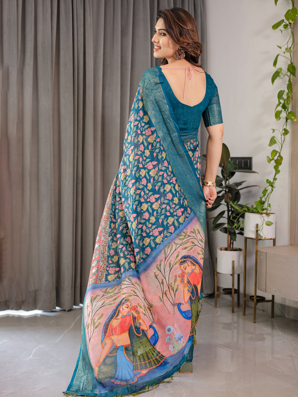 Teal Blue Cotton Linen Saree with Floral Print & Radha Krishna Digital Pallu | Zari Border | With Blouse