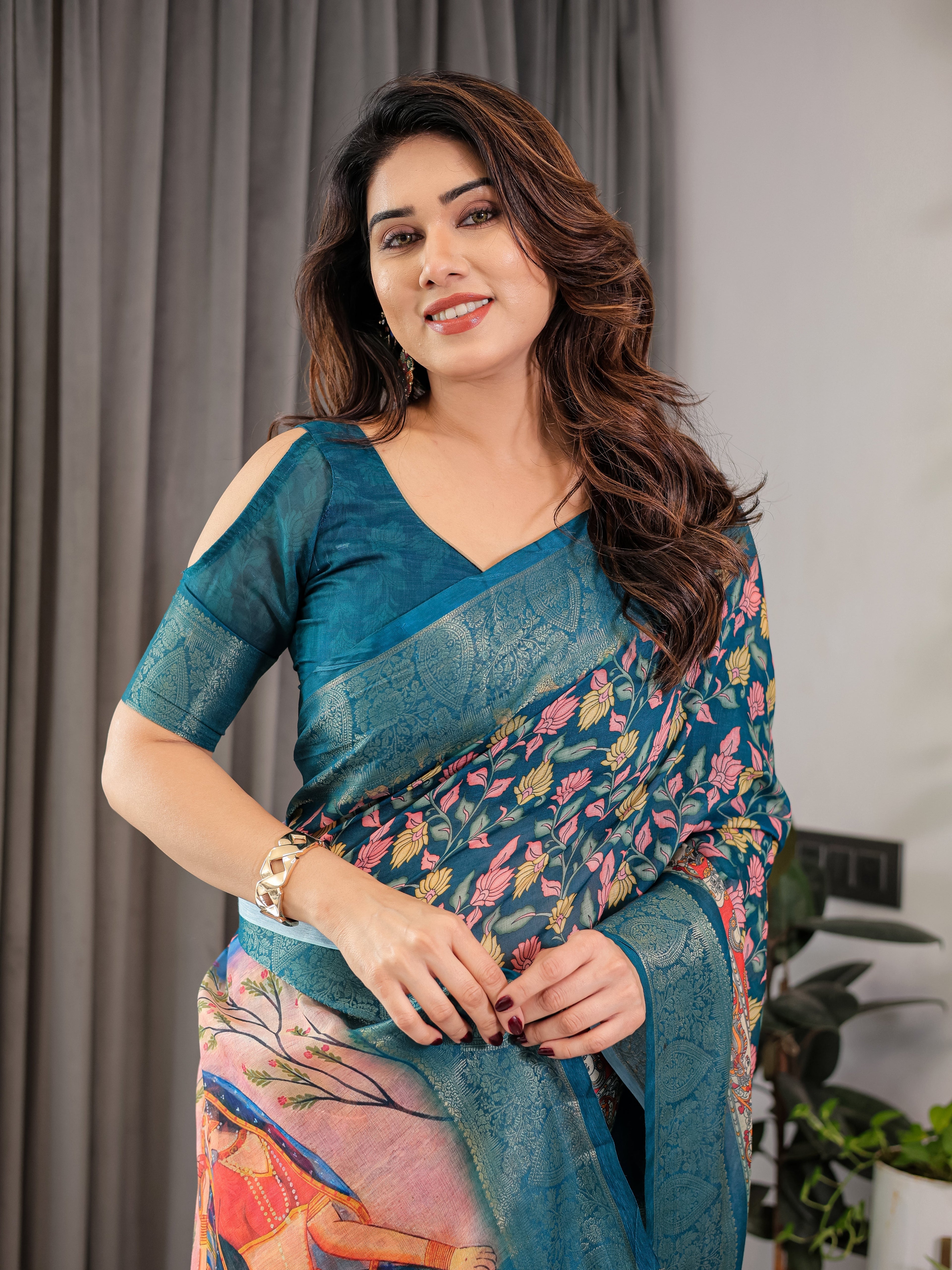 Teal Blue Cotton Linen Saree with Floral Print & Radha Krishna Digital Pallu | Zari Border | With Blouse