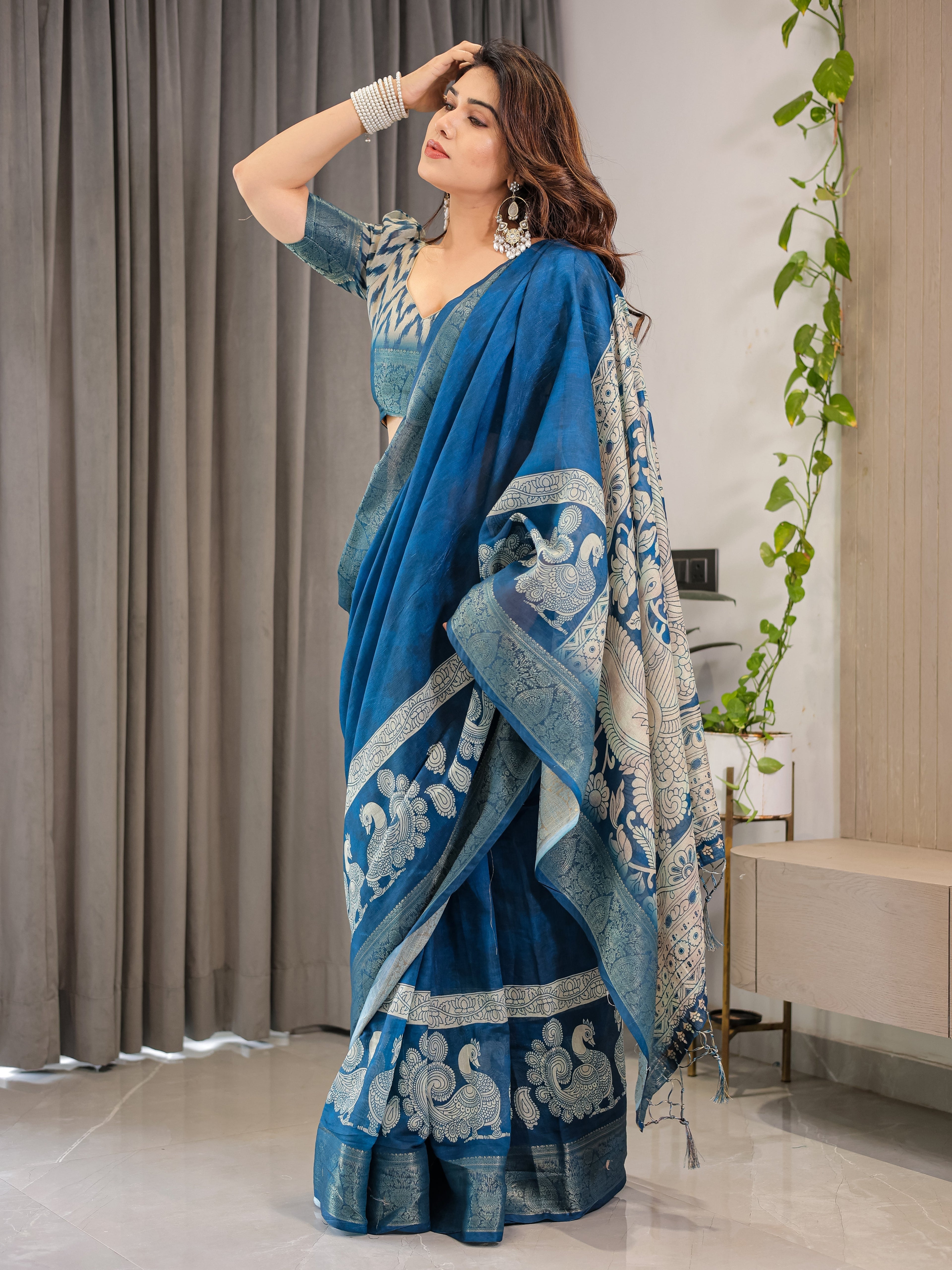 Indigo Blue Cotton Linen Saree with White Peacock Print & Zari Border | Ethnic Wear with Blouse Piece