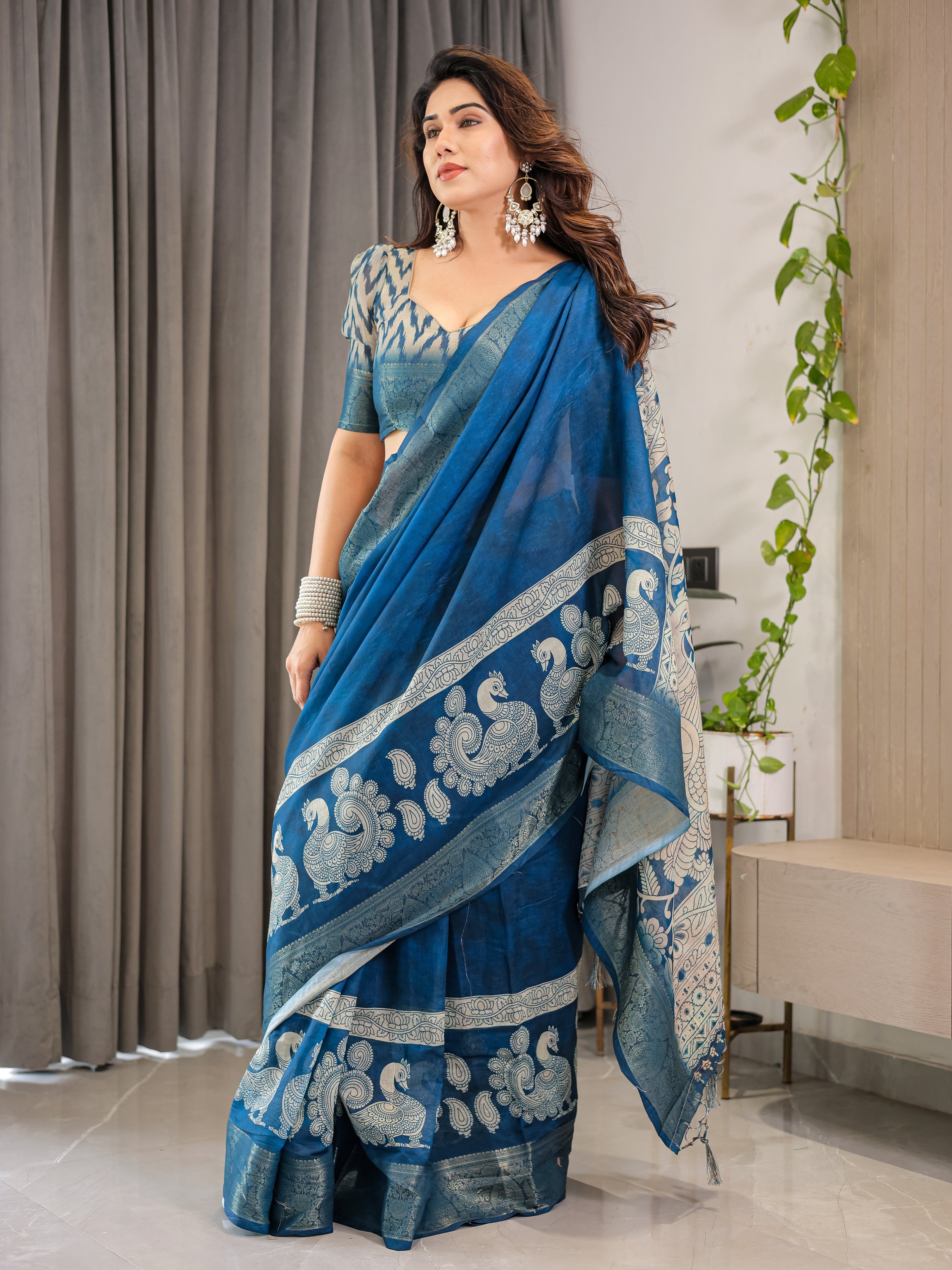 Indigo Blue Cotton Linen Saree with White Peacock Print & Zari Border | Ethnic Wear with Blouse Piece