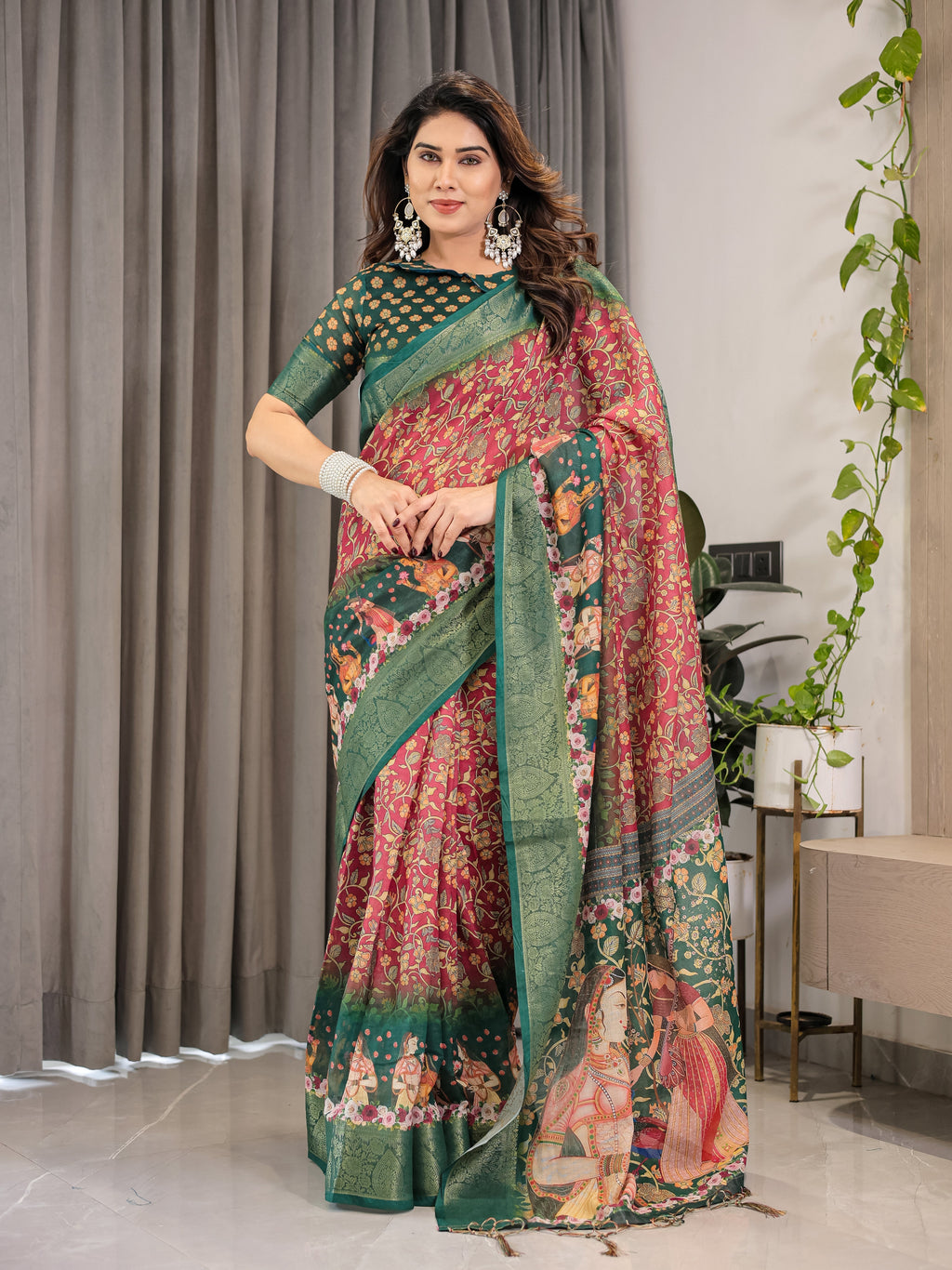 Maroon-Green Cotton Linen Saree with Floral Zari Work & Royal Procession Pallu | With Blouse Piece