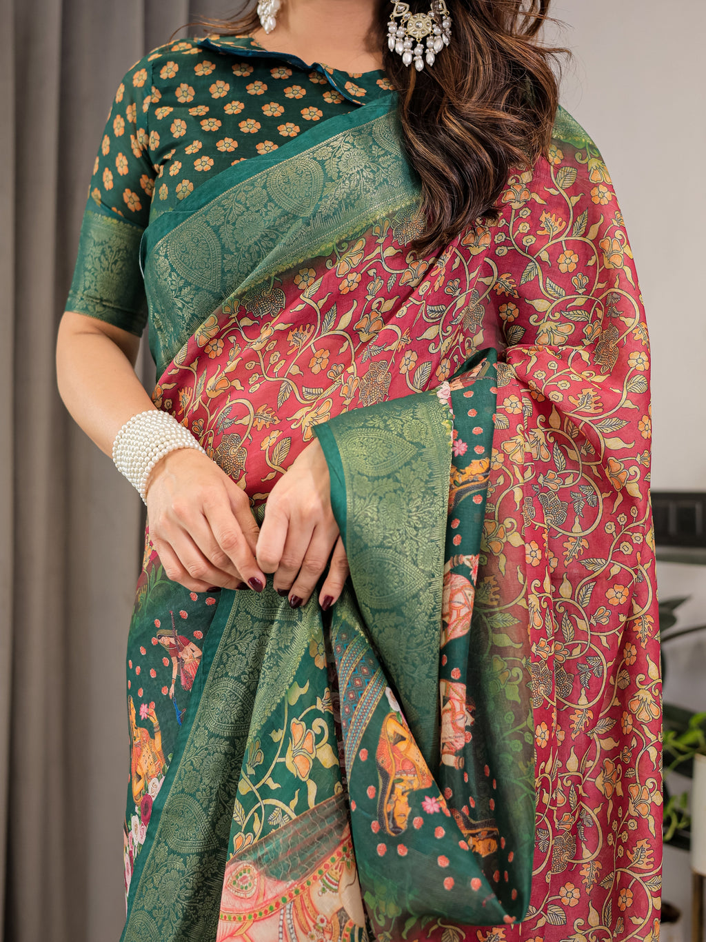 Maroon-Green Cotton Linen Saree with Floral Zari Work & Royal Procession Pallu | With Blouse Piece