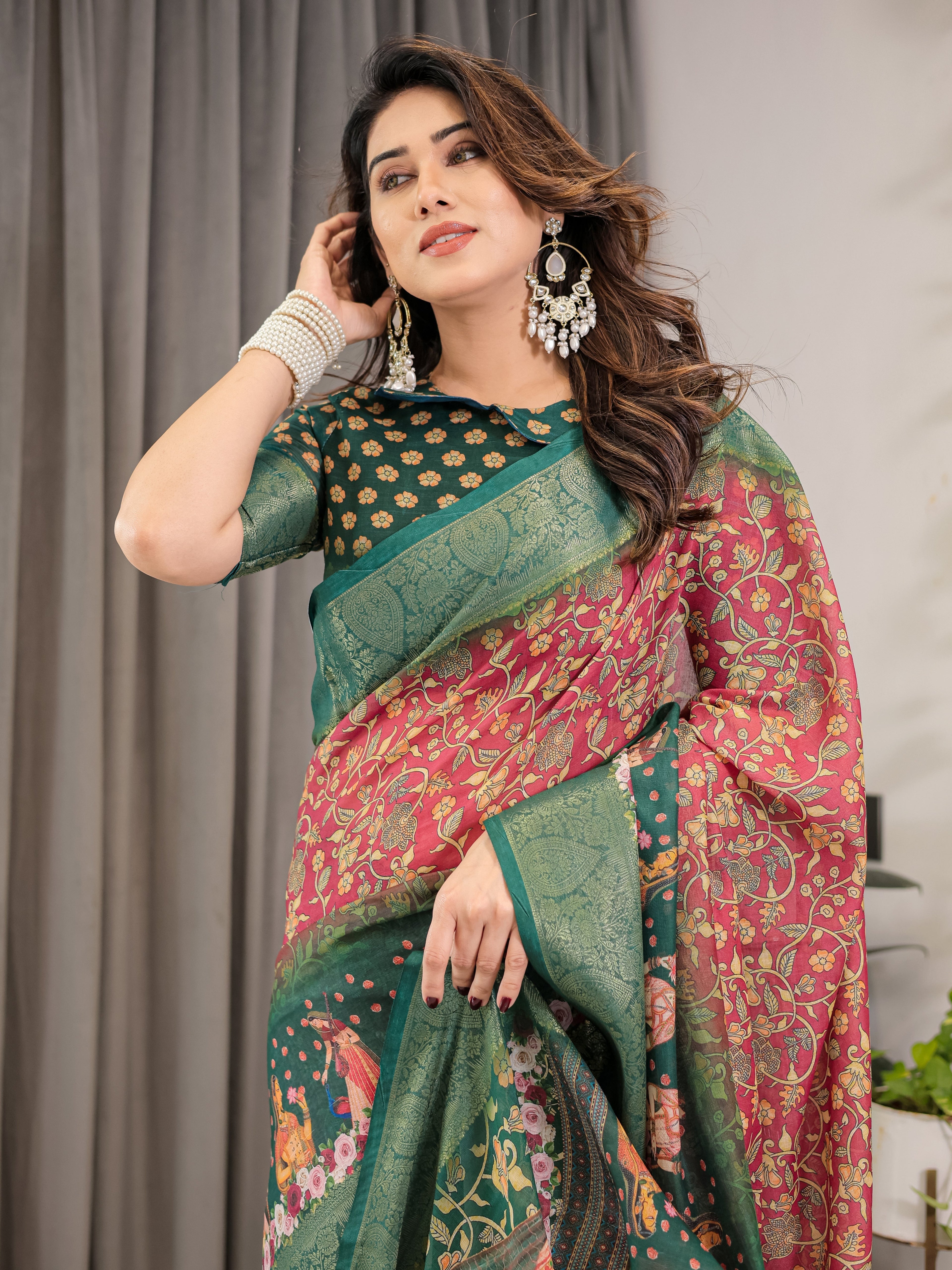 Maroon-Green Cotton Linen Saree with Floral Zari Work & Royal Procession Pallu | With Blouse Piece