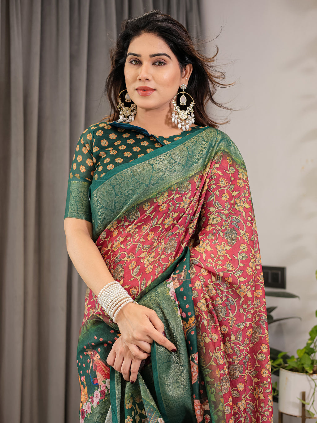 Maroon-Green Cotton Linen Saree with Floral Zari Work & Royal Procession Pallu | With Blouse Piece