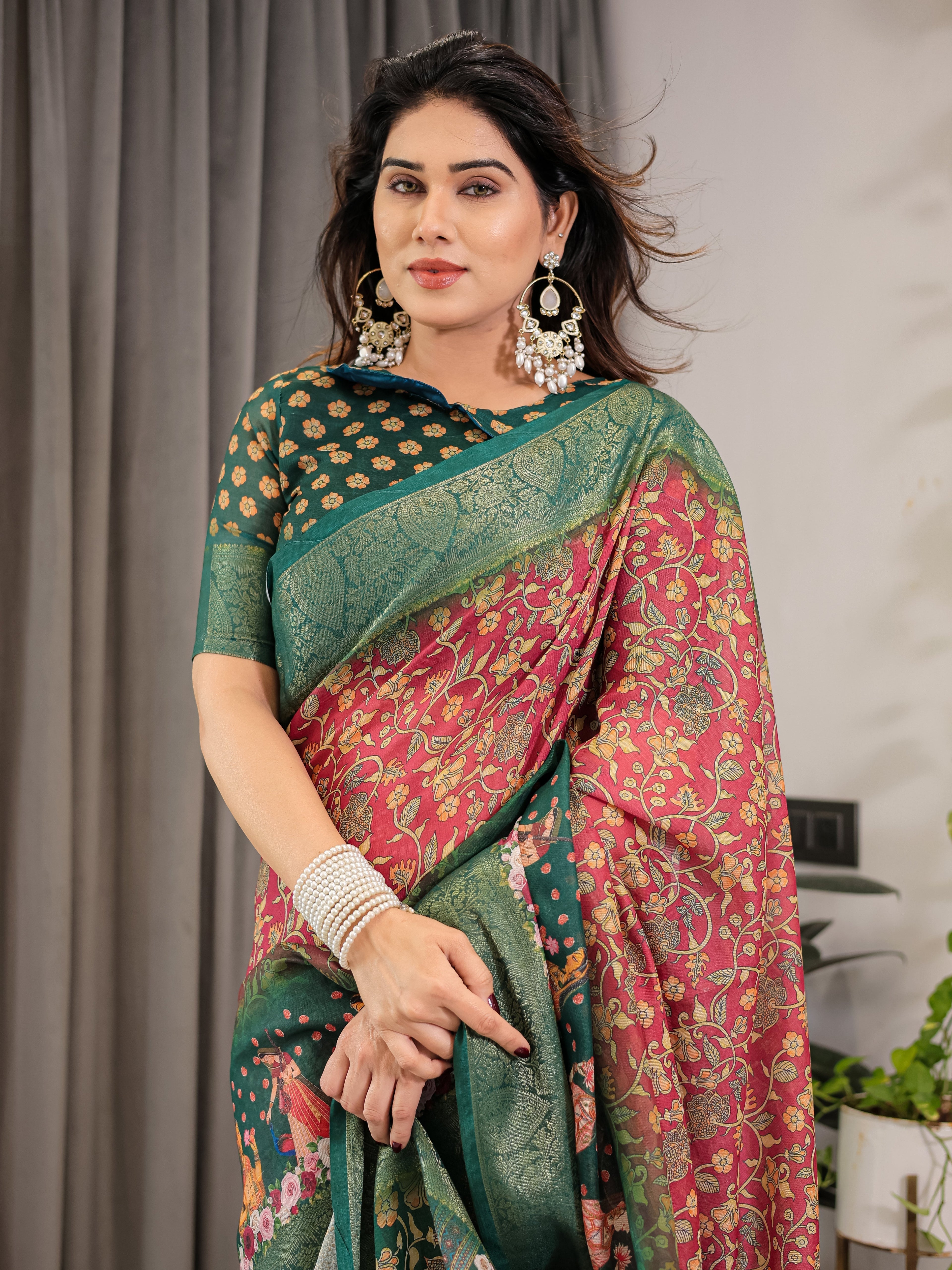 Maroon-Green Cotton Linen Saree with Floral Zari Work & Royal Procession Pallu | With Blouse Piece