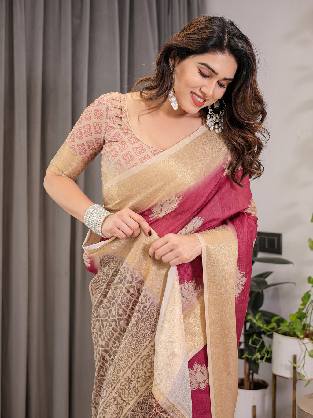 Blush Pink & Beige Cotton Linen Saree with Woven Lotus Motifs & Golden Zari Border | With Blouse Piece