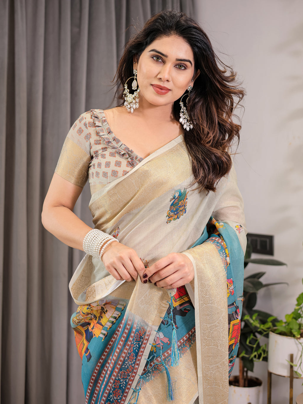 Cream & Teal Cotton Linen Saree with Zari Border & Royal Procession Digital Print | With Blouse Piece