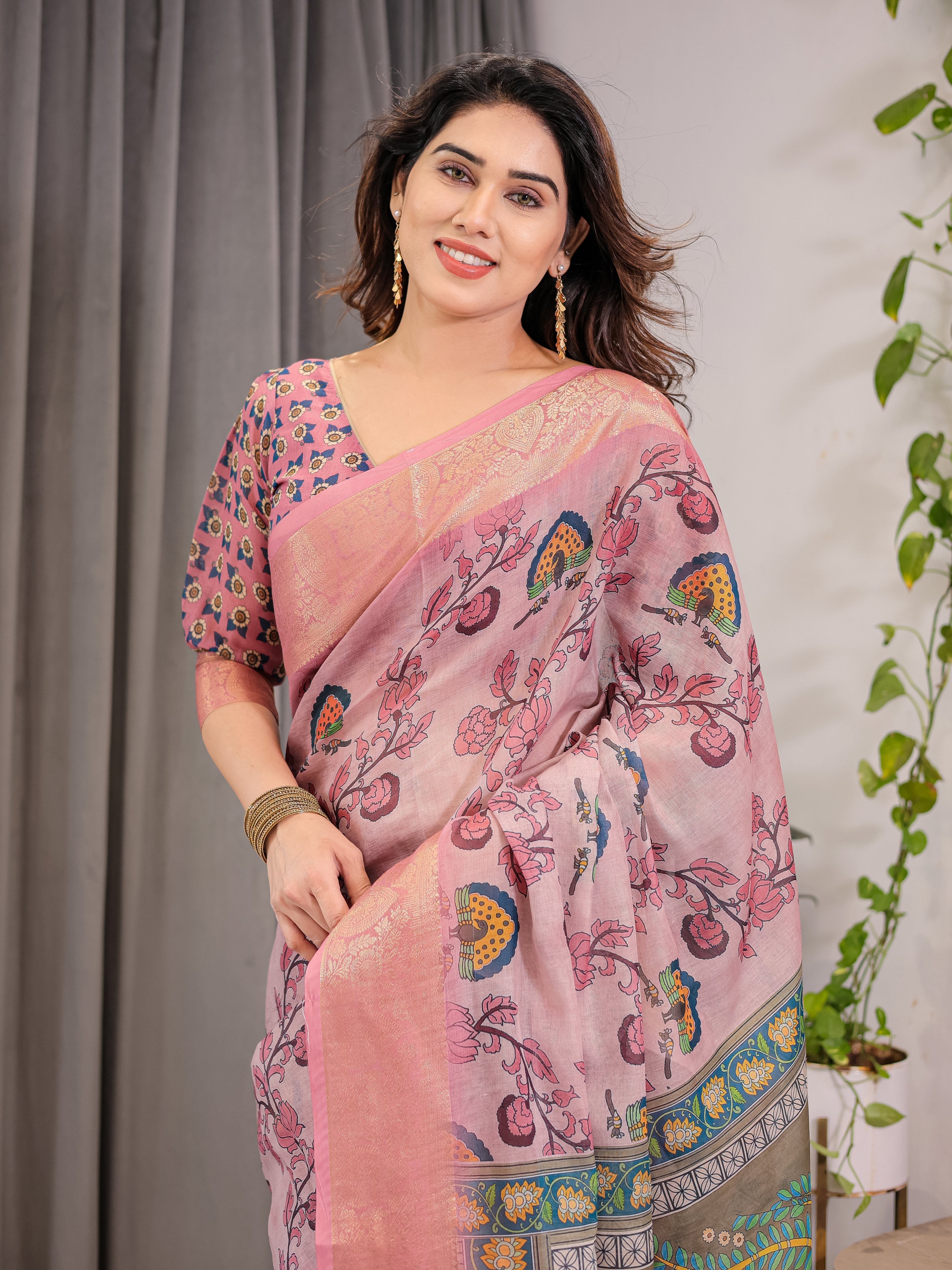Dusty Rose Cotton Linen Saree with Floral Motifs & Radha Krishna Digital Pallu | Zari Border | With Blouse