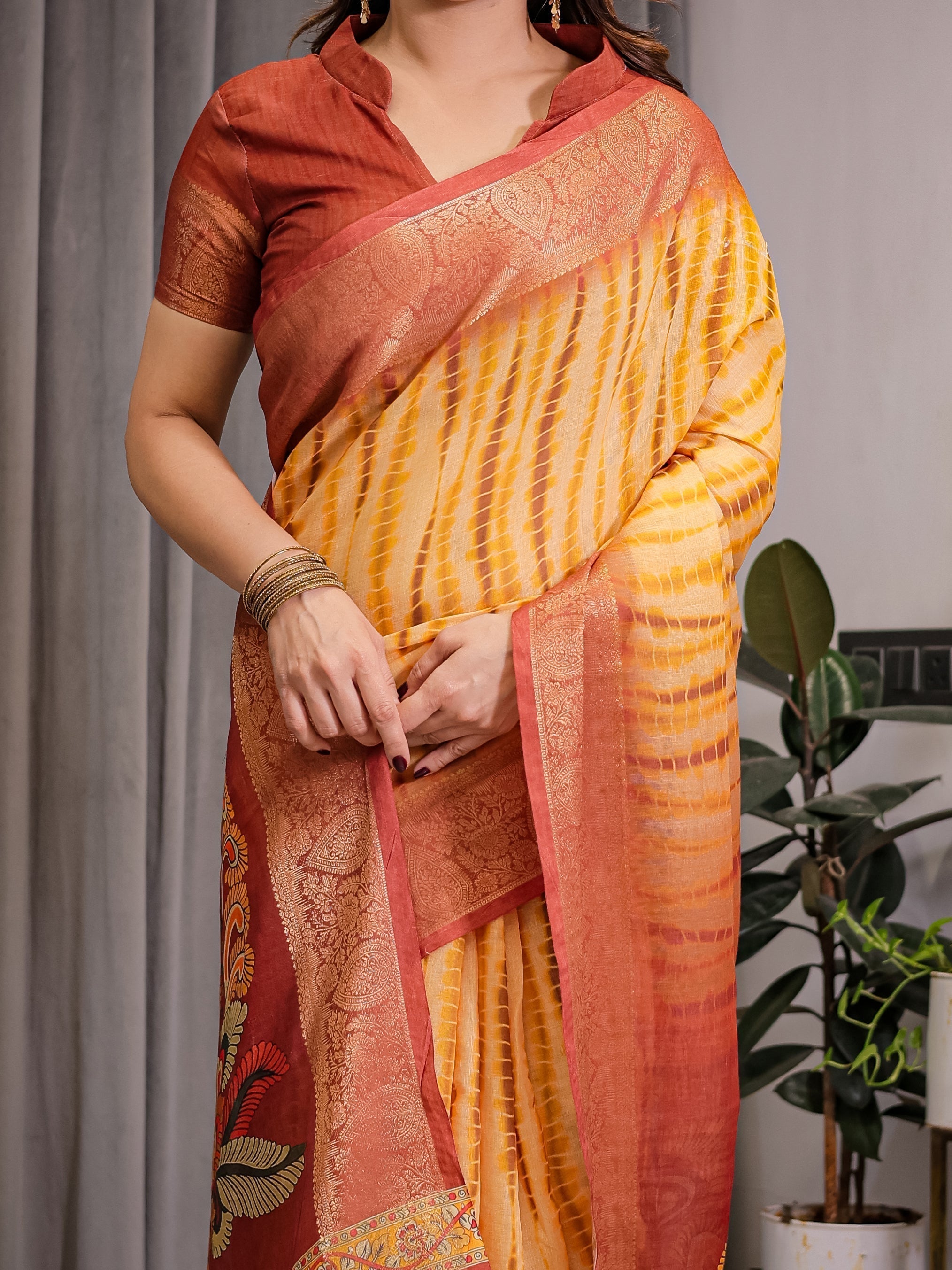 Yellow & Rust Cotton Linen Saree with Zari Border & Majestic Peacock Digital Pallu | With Blouse Piece