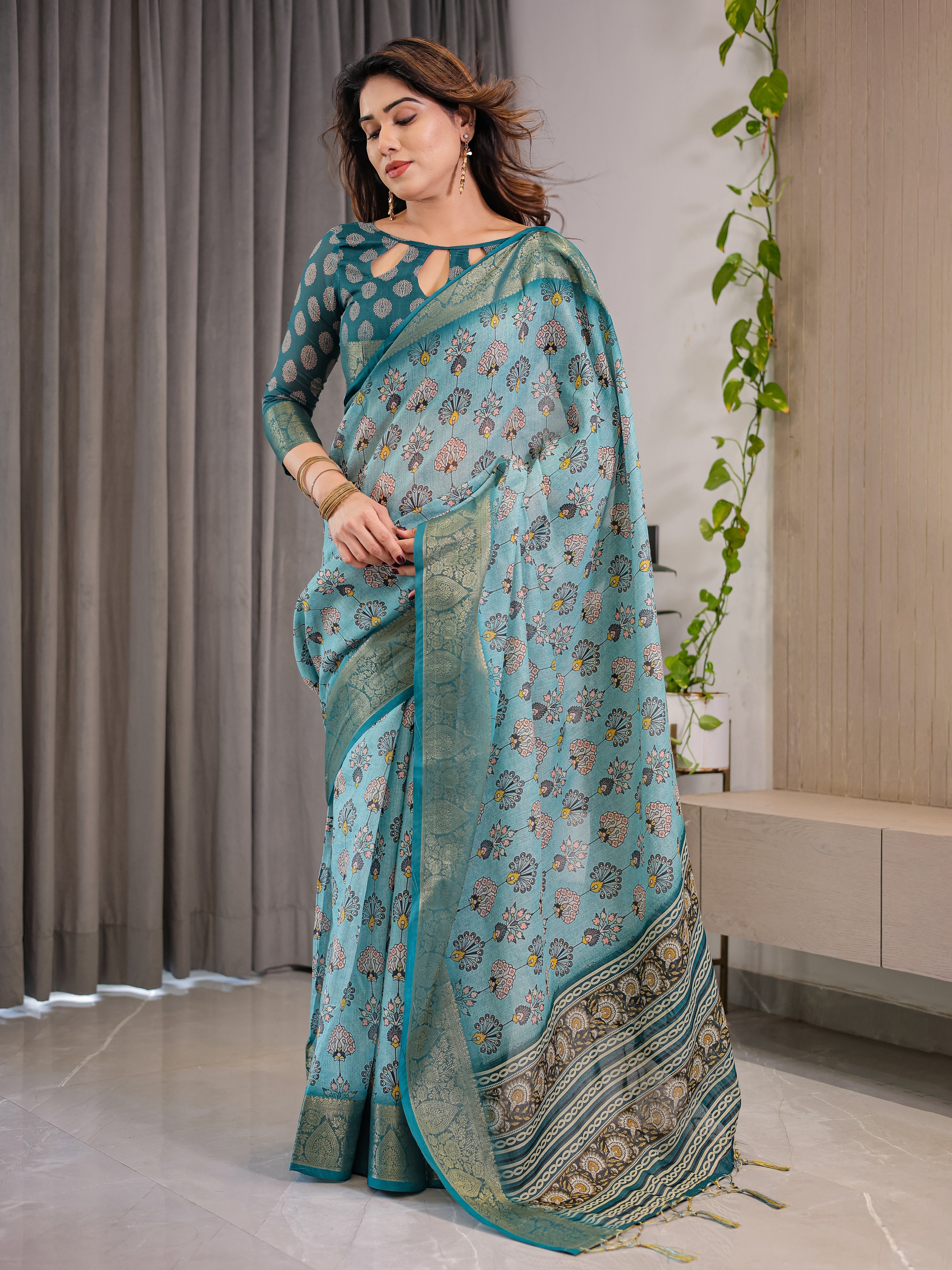 Turquoise Blue Cotton Linen Saree with Peacock Motifs & Zari Border | Floral Pallu | With Blouse