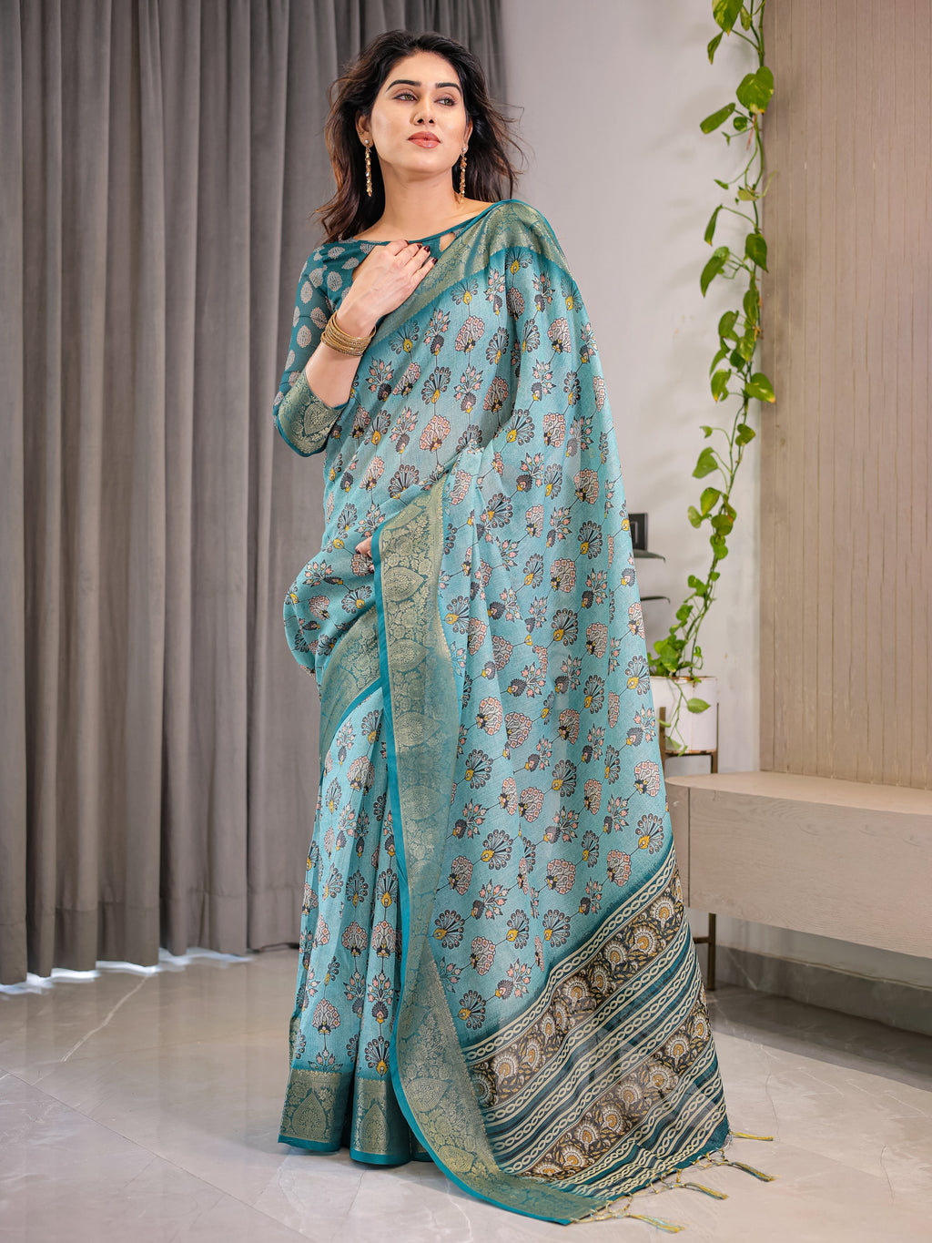 Turquoise Blue Cotton Linen Saree with Peacock Motifs & Zari Border | Floral Pallu | With Blouse