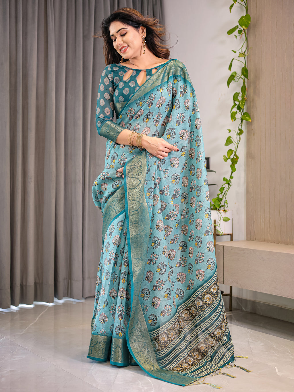 Turquoise Blue Cotton Linen Saree with Peacock Motifs & Zari Border | Floral Pallu | With Blouse