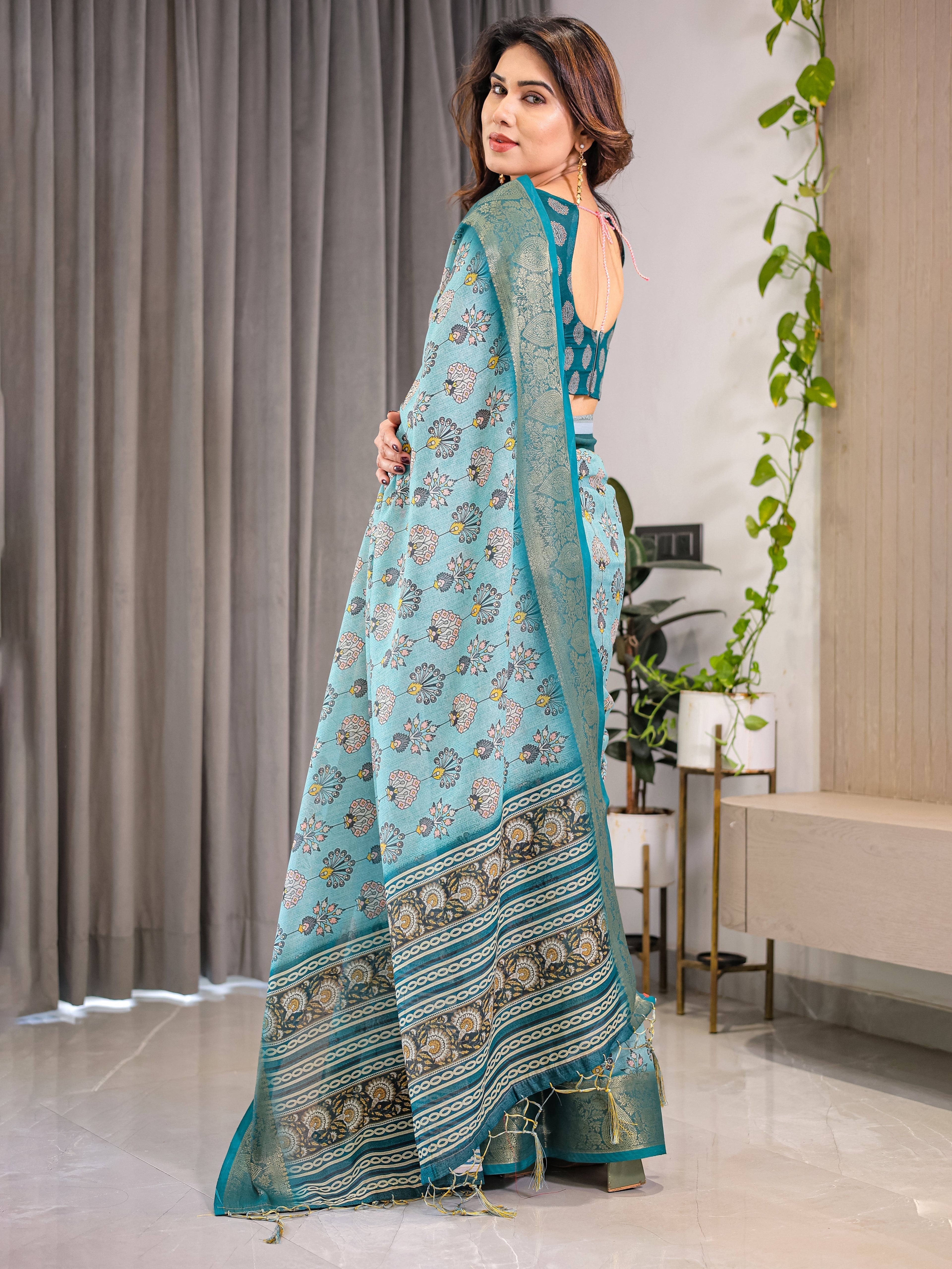 Turquoise Blue Cotton Linen Saree with Peacock Motifs & Zari Border | Floral Pallu | With Blouse