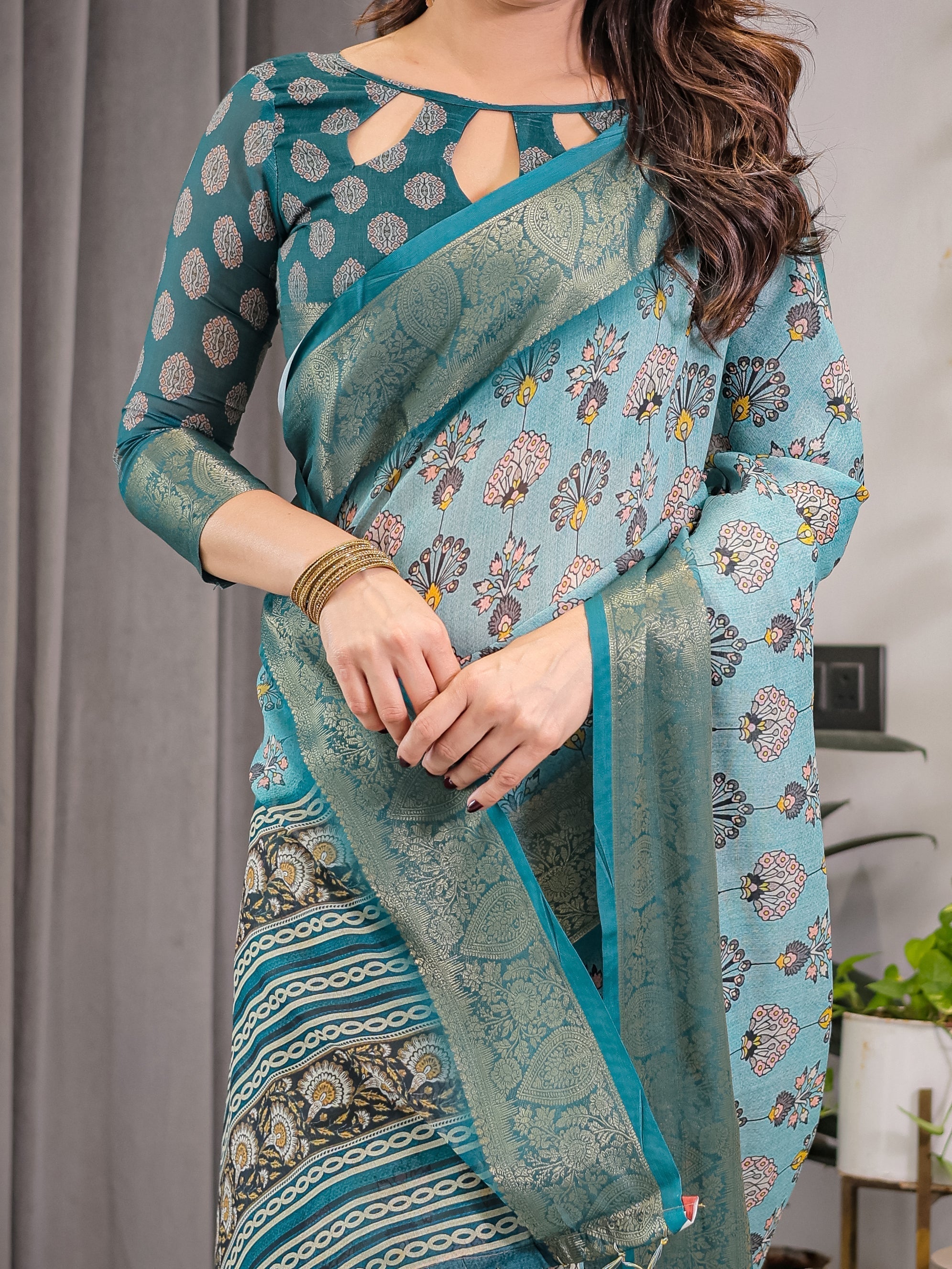 Turquoise Blue Cotton Linen Saree with Peacock Motifs & Zari Border | Floral Pallu | With Blouse