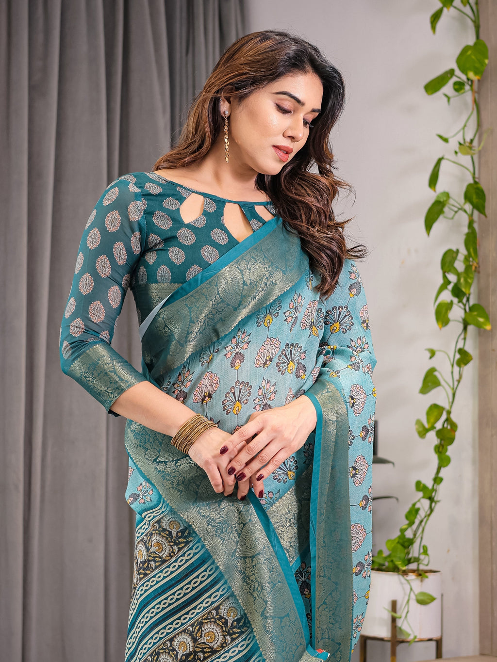 Turquoise Blue Cotton Linen Saree with Peacock Motifs & Zari Border | Floral Pallu | With Blouse