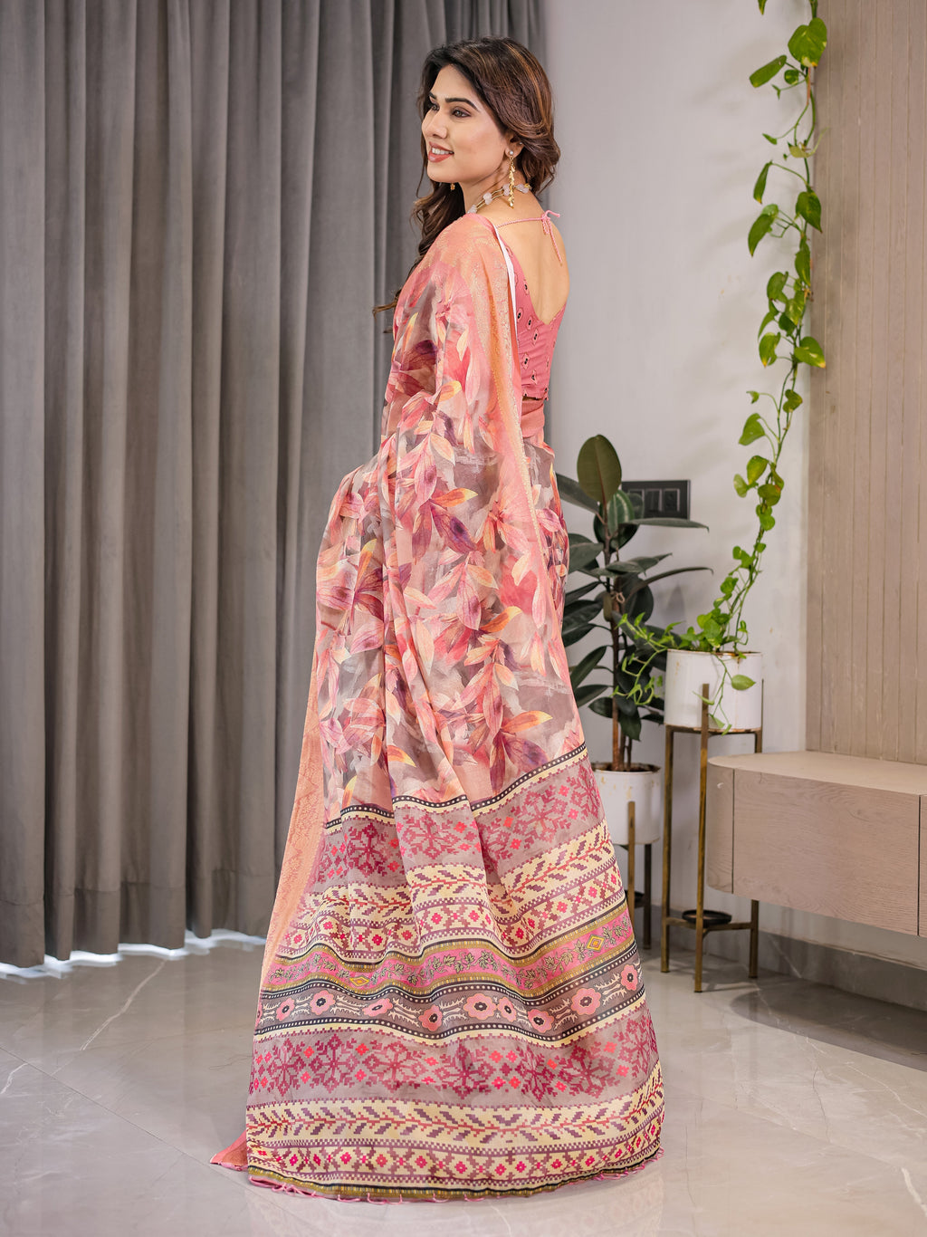 Peach Pink Cotton Linen Saree with Zari Border & Tribal Pallu | Floral Print | With Blouse