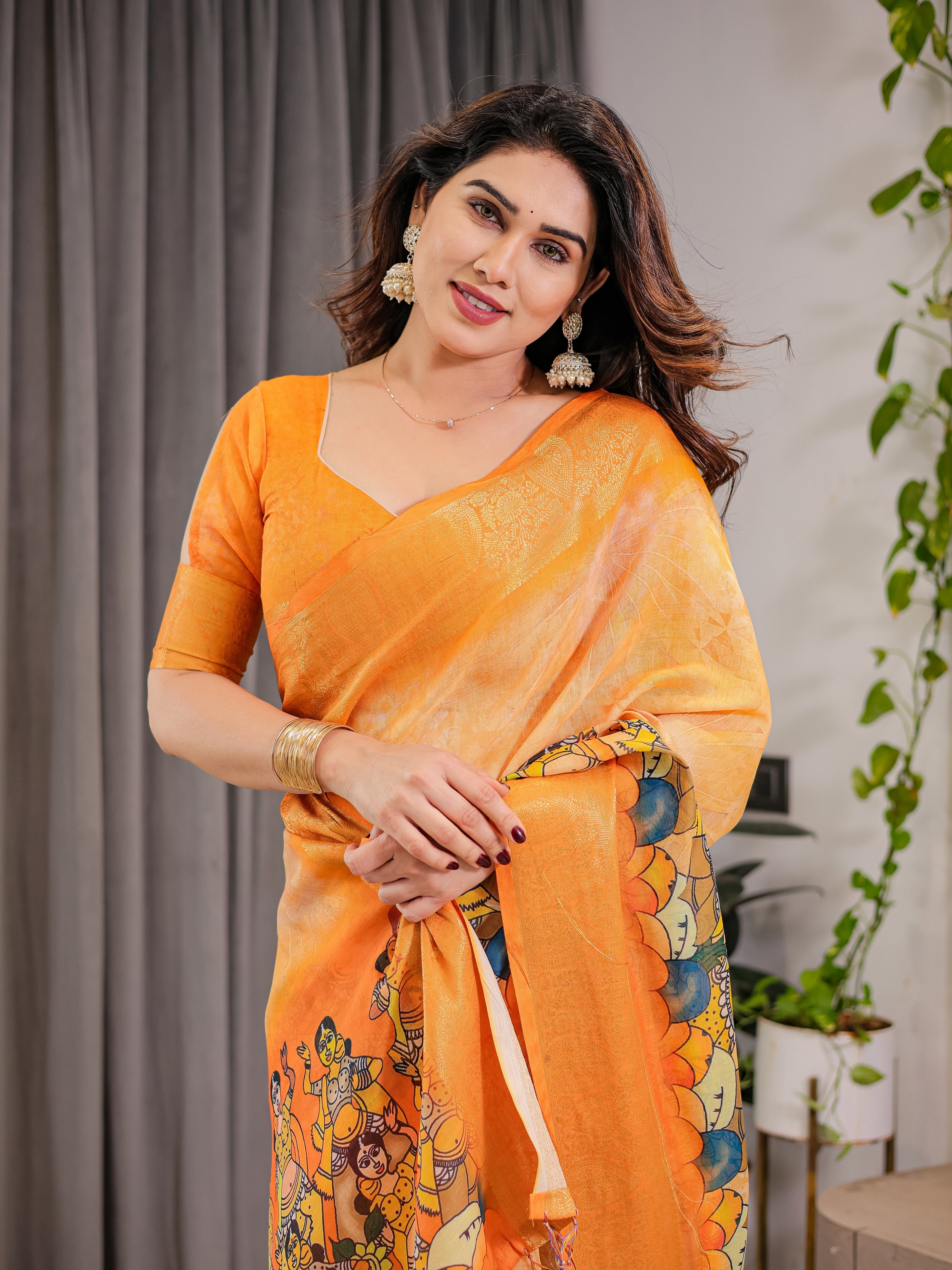 Vibrant Orange Cotton Linen Saree with Traditional Dance Motif Pallu & Zari Border | With Blouse