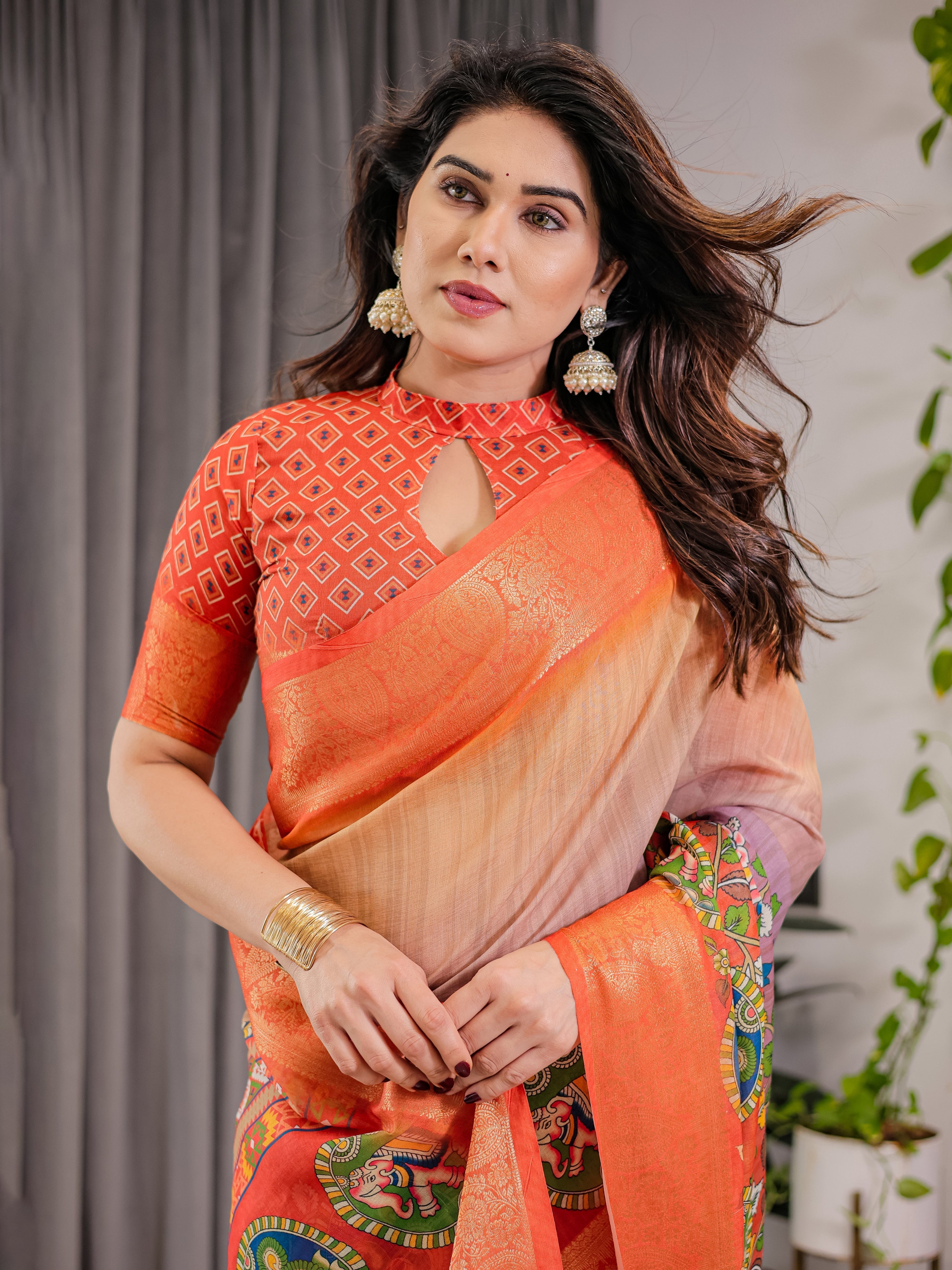Vibrant Orange Cotton Linen Saree with Tribal Art Pallu & Zari Border | Festival Print | With Blouse