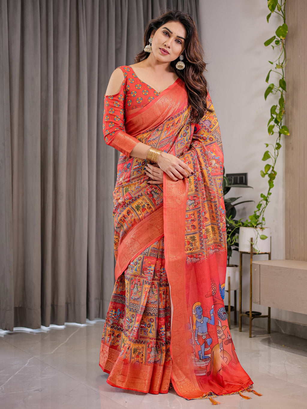 Rust Red Cotton Linen Saree with Madhubani Folk Art Pallu & Zari Border | Ethnic Digital Print | With Blouse Piece