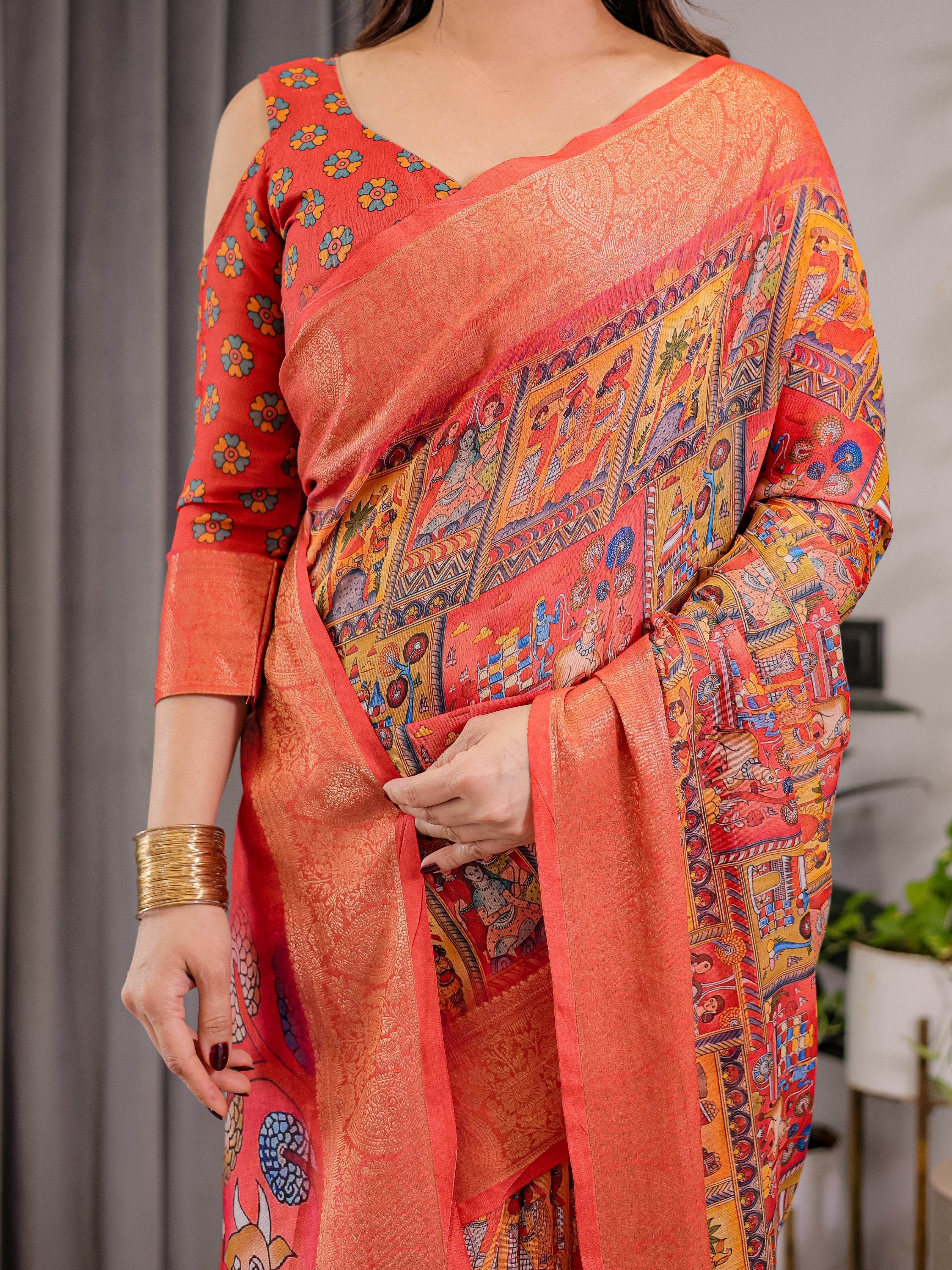 Rust Red Cotton Linen Saree with Madhubani Folk Art Pallu & Zari Border | Ethnic Digital Print | With Blouse Piece