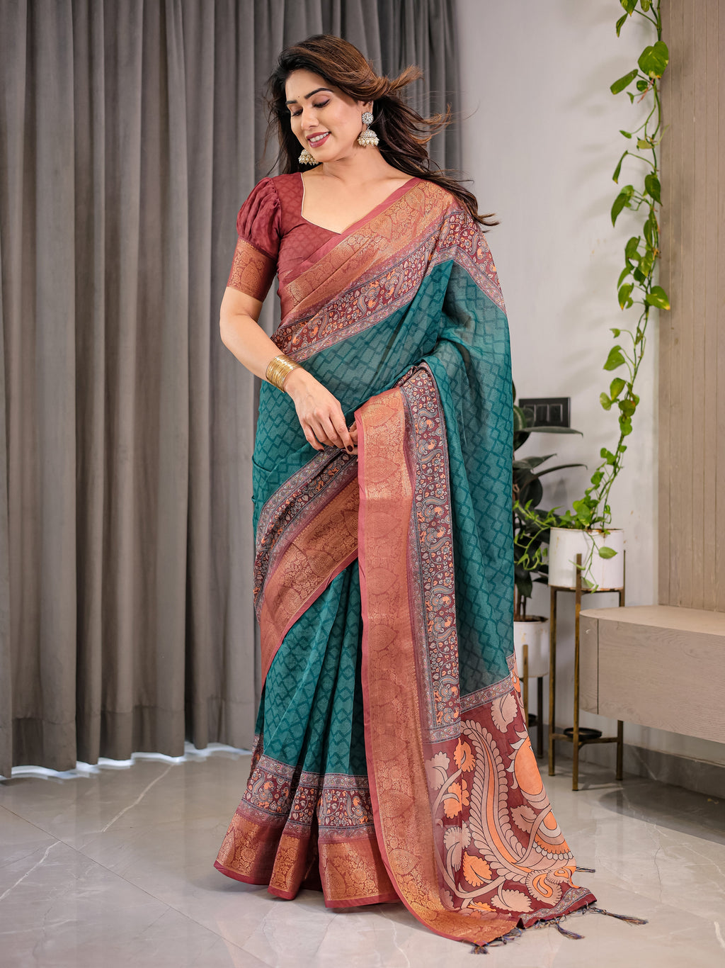 Teal Green Cotton Linen Saree with Rust Zari Border & Peacock Pallu | Ethnic Print | With Blouse