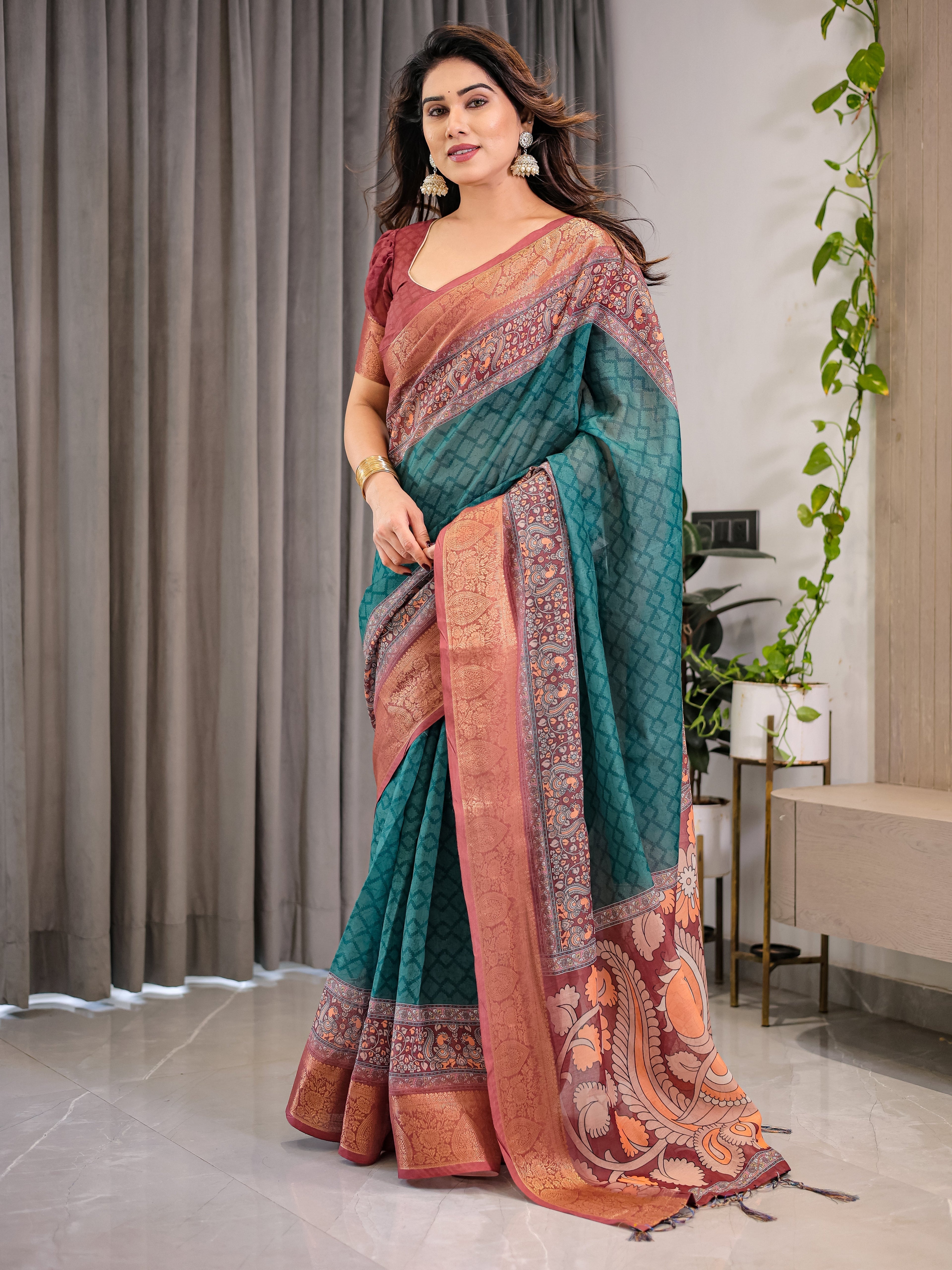 Teal Green Cotton Linen Saree with Rust Zari Border & Peacock Pallu | Ethnic Print | With Blouse