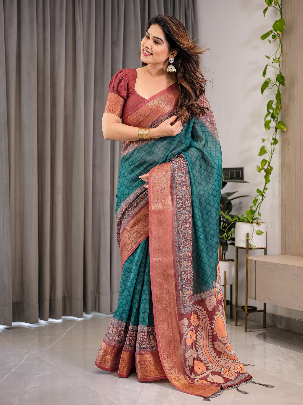 Teal Green Cotton Linen Saree with Rust Zari Border & Peacock Pallu | Ethnic Print | With Blouse