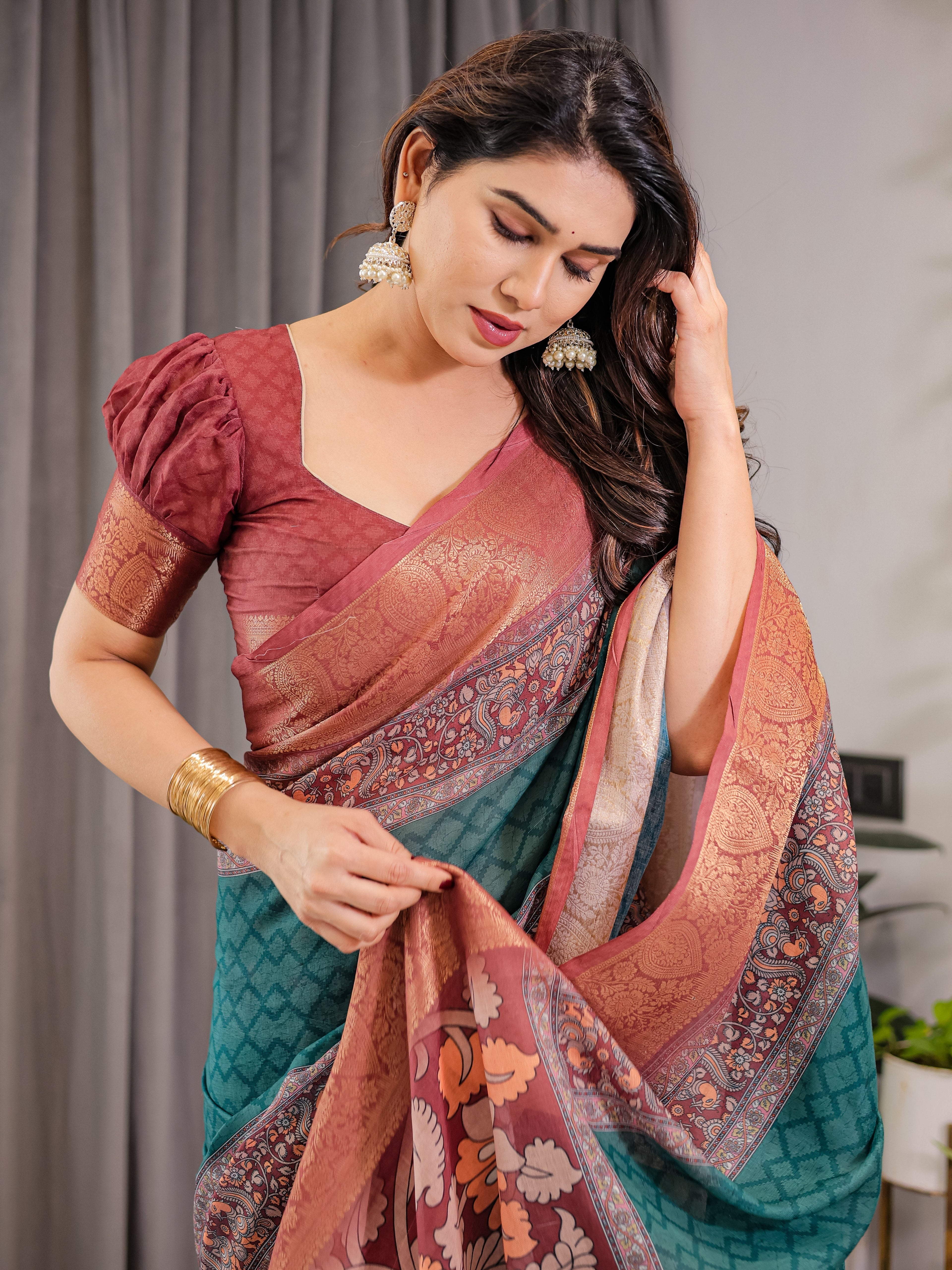 Teal Green Cotton Linen Saree with Rust Zari Border & Peacock Pallu | Ethnic Print | With Blouse