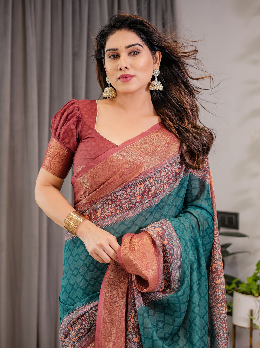 Teal Green Cotton Linen Saree with Rust Zari Border & Peacock Pallu | Ethnic Print | With Blouse