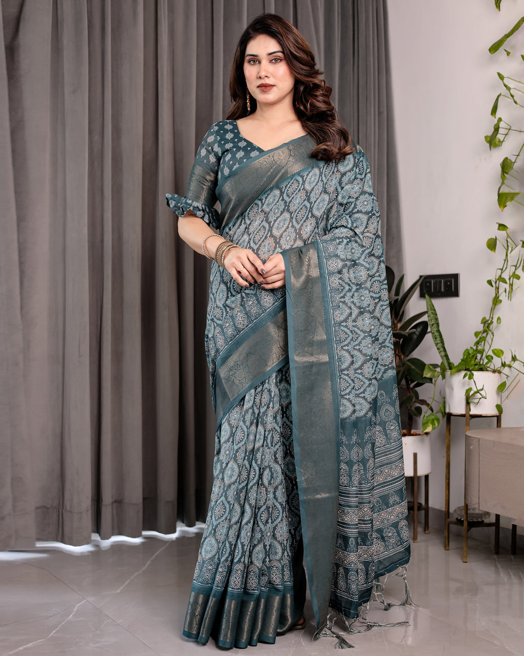 Teal Blue Pure Handloom Linen Saree with Ethnic Mandala Prints & Zari Border | Rich Pallu with Tassels | 5.5m Saree + 0.8m Blouse