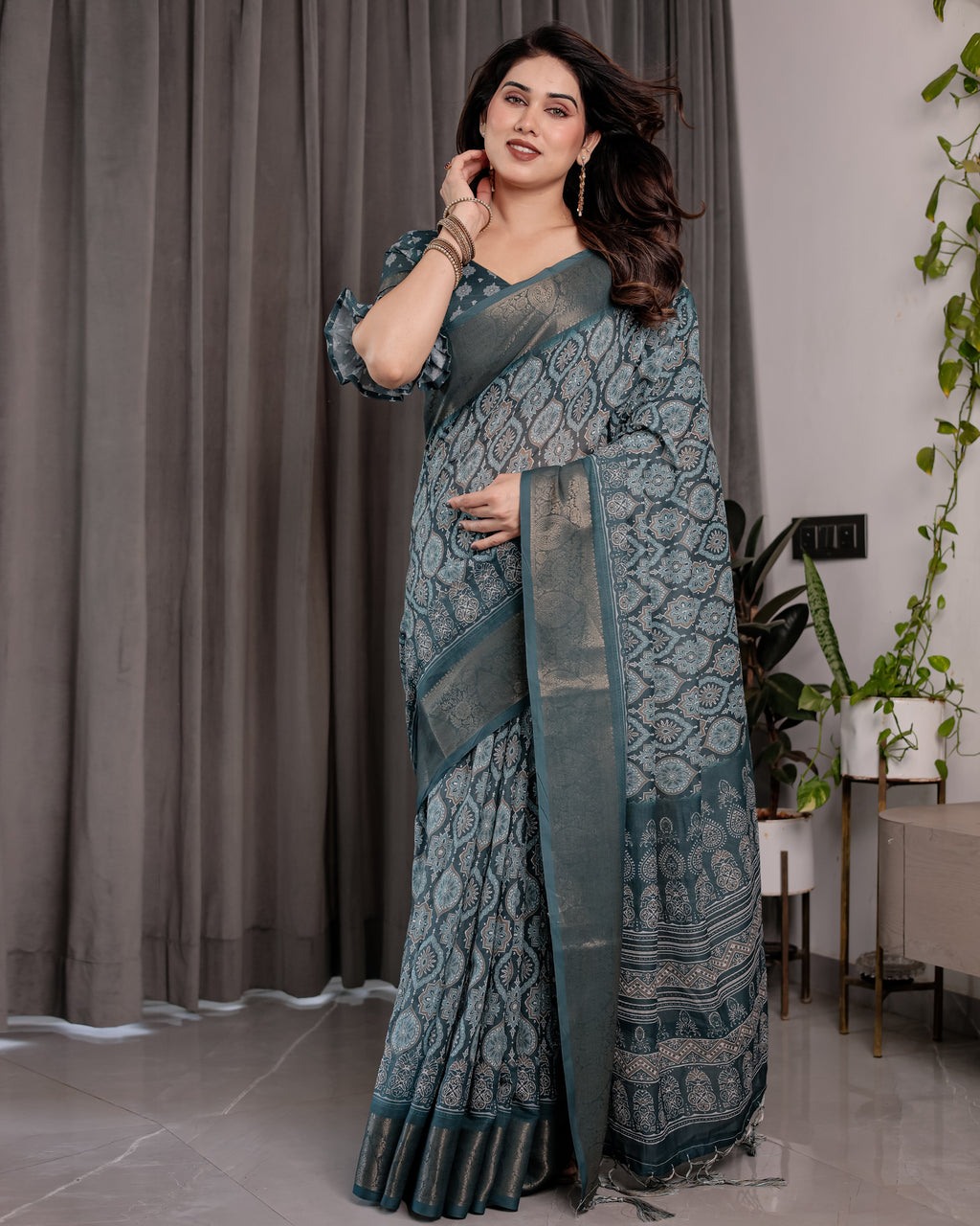 Teal Blue Pure Handloom Linen Saree with Ethnic Mandala Prints & Zari Border | Rich Pallu with Tassels | 5.5m Saree + 0.8m Blouse