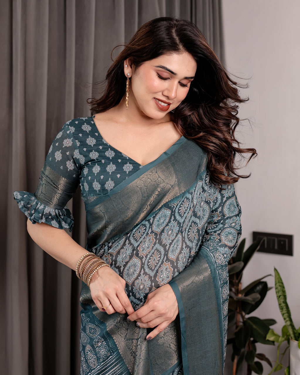 Teal Blue Pure Handloom Linen Saree with Ethnic Mandala Prints & Zari Border | Rich Pallu with Tassels | 5.5m Saree + 0.8m Blouse