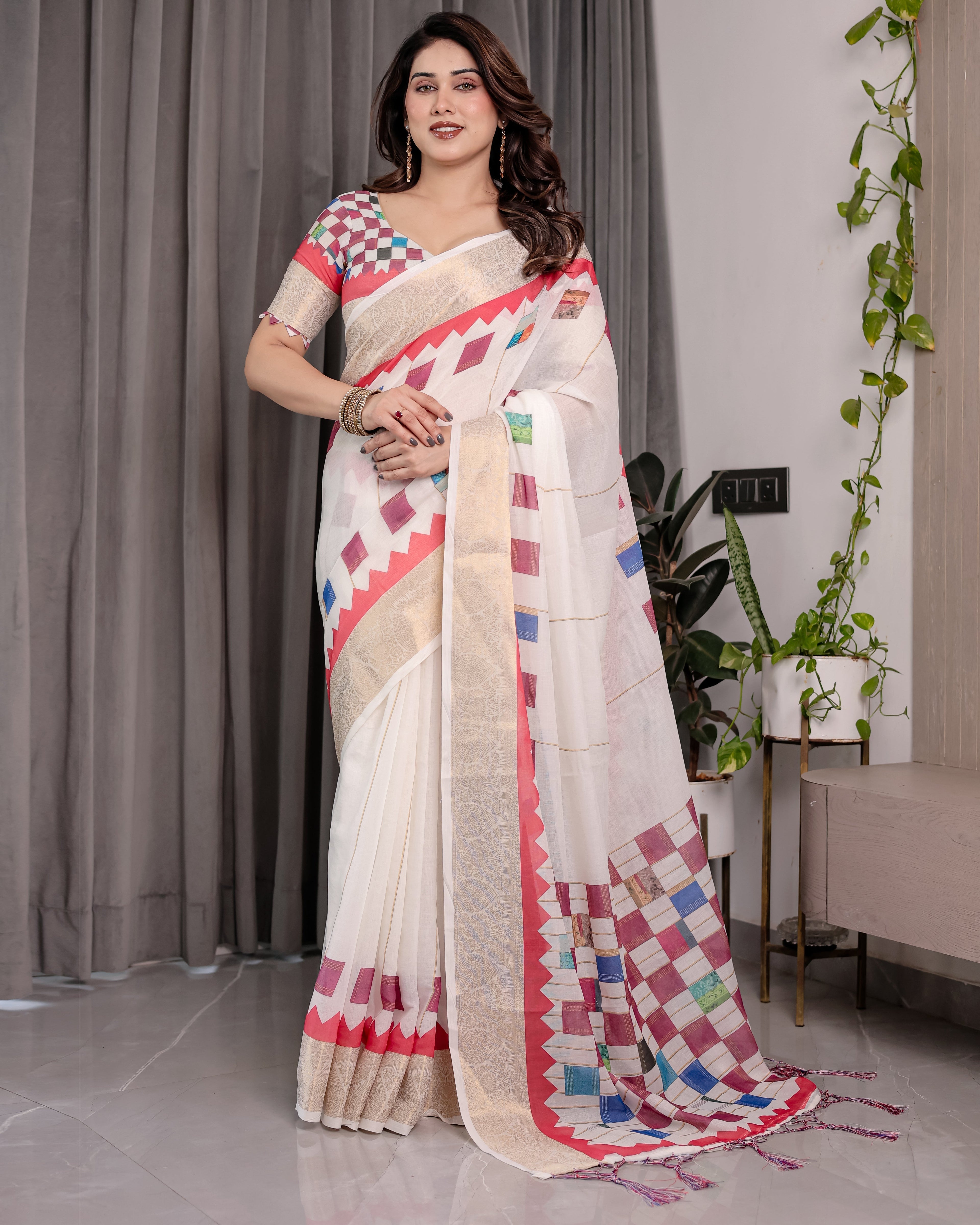 Off-White Handloom Linen Saree with Multicolor Checkered Pallu & Red-Gold Zari Border | Festive Tassel Finish | Attached Blouse | 5.5m Saree + 0.8m Blouse